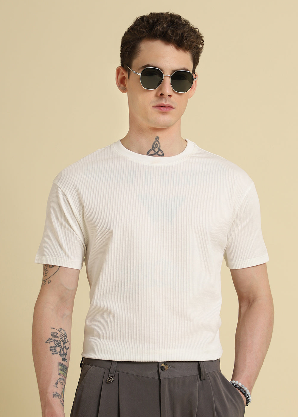 White Ribbed Stripe Regular T-shirt