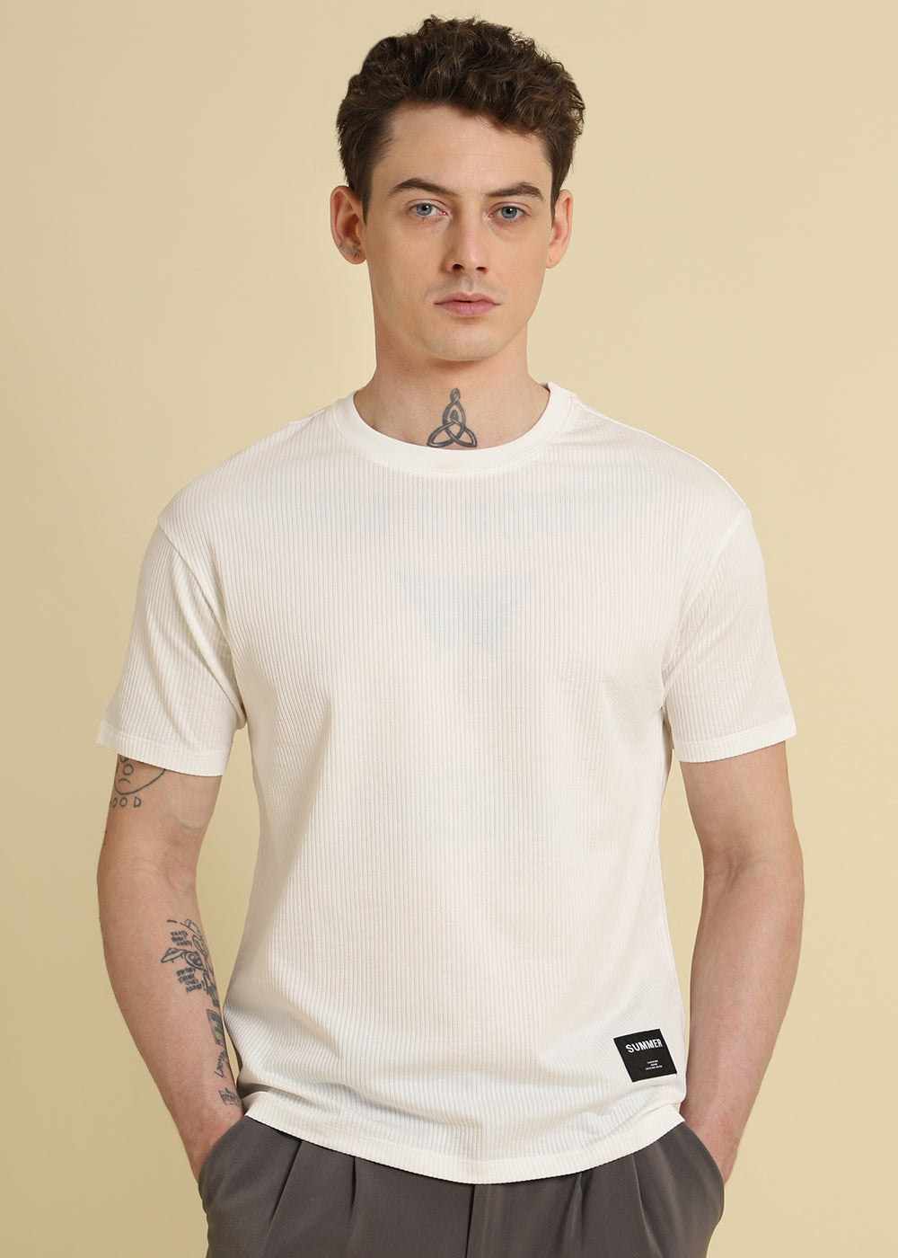 White Ribbed Stripe Regular T-shirt