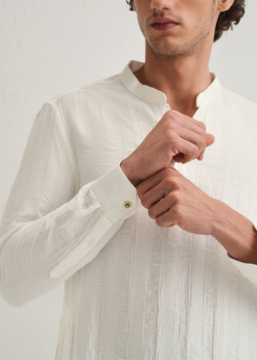 White Textured Vertical Stripe Kurta