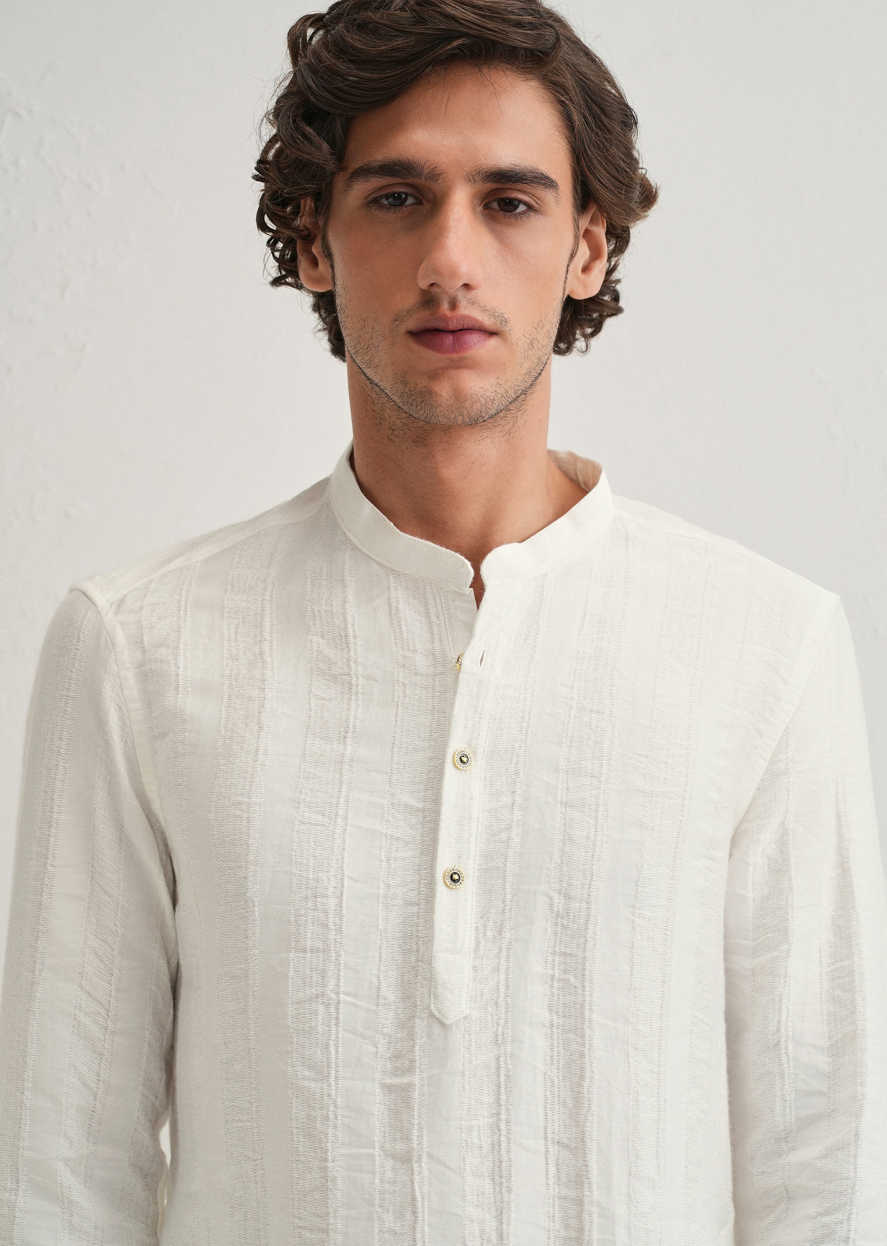 White Textured Vertical Stripe Kurta