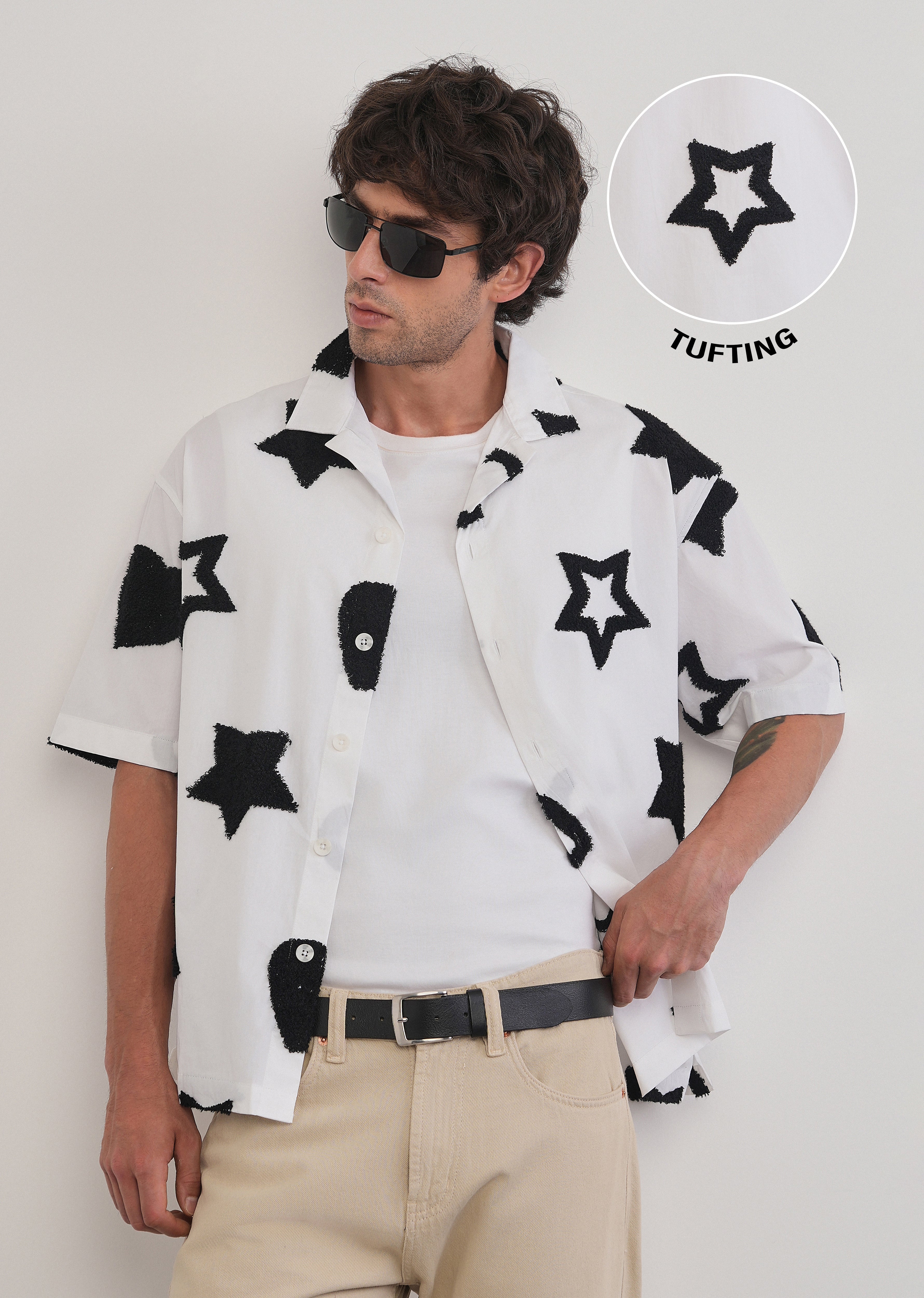 White Tufted Star Pattern Shirt