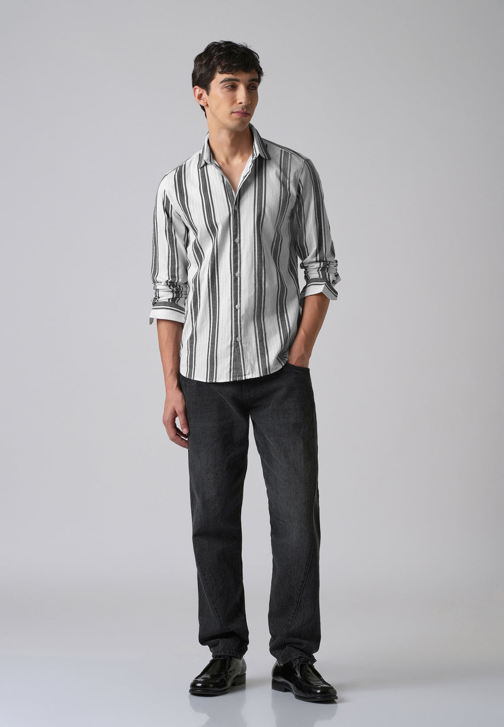 White Vertical Stripe Cotton/Linen Shirt