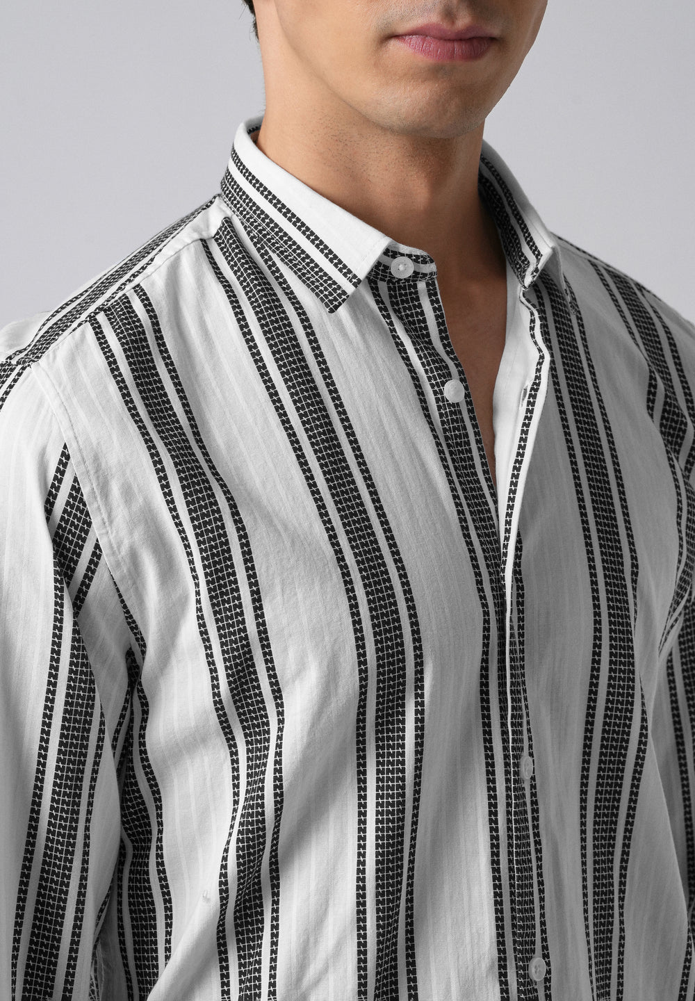 White Vertical Stripe Cotton/Linen Shirt