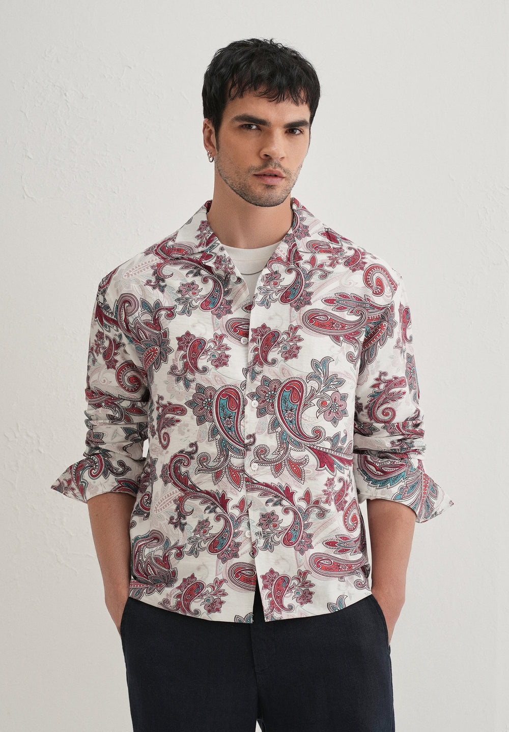 White Vintage Rose Paisley Printed Shirt