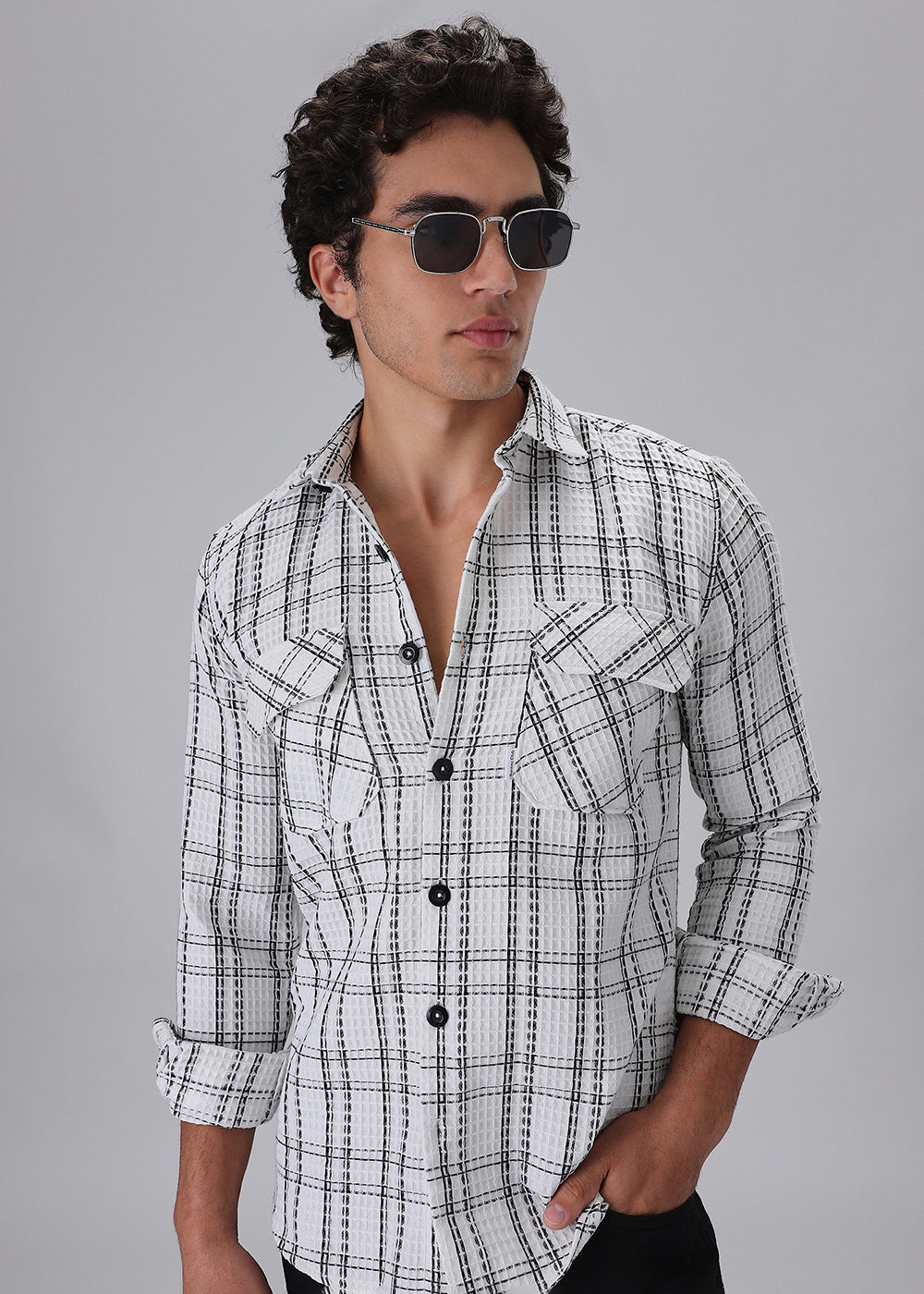 White Waffle Plaid Check Shirt