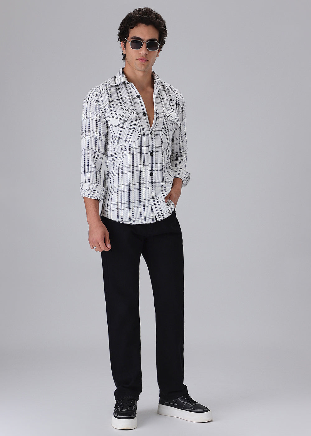 White Waffle Plaid Check Shirt