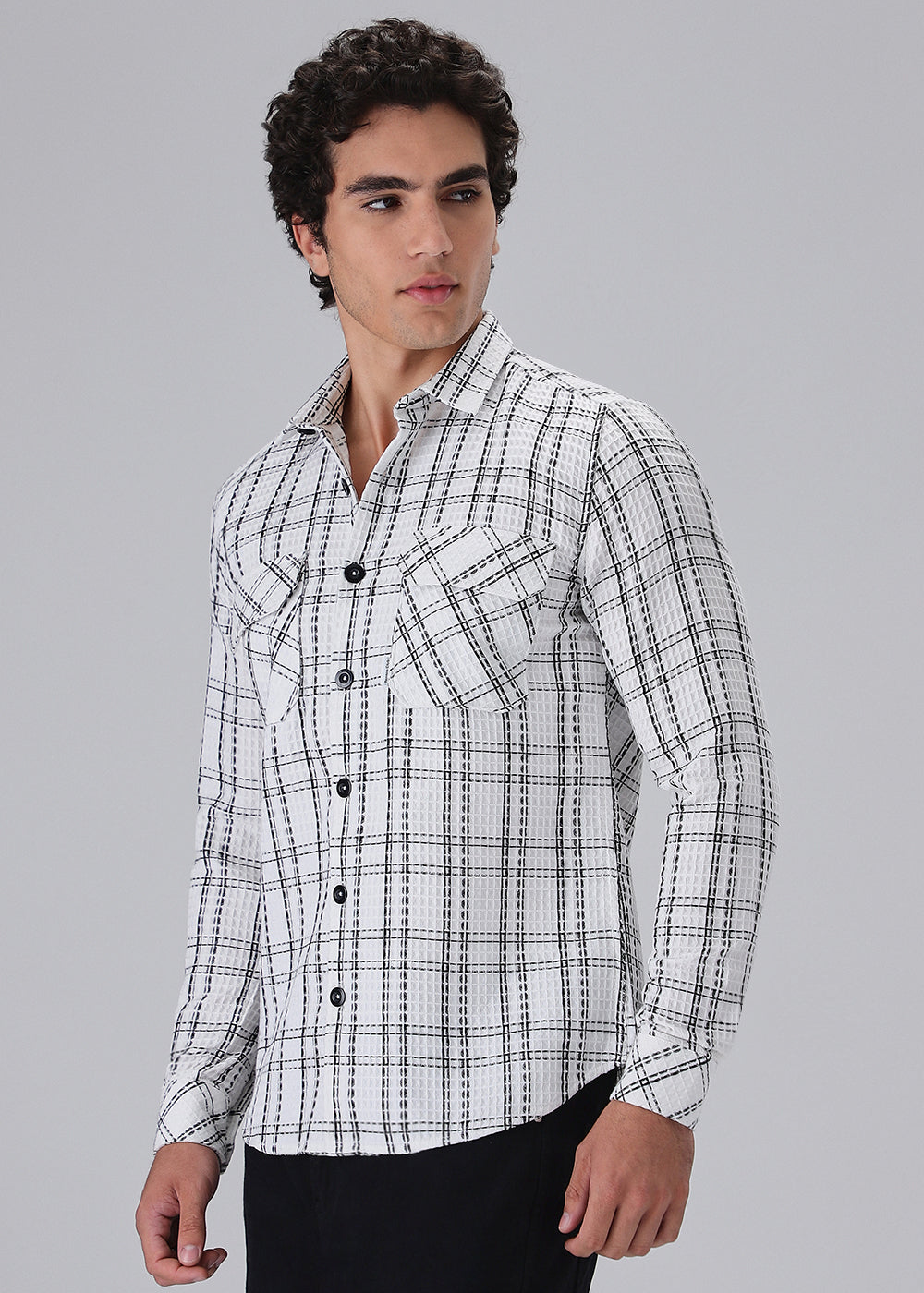 White Waffle Plaid Check Shirt