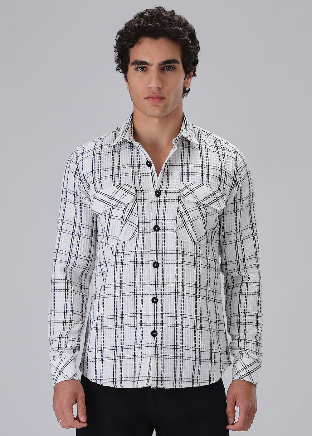 White Waffle Plaid Check Shirt