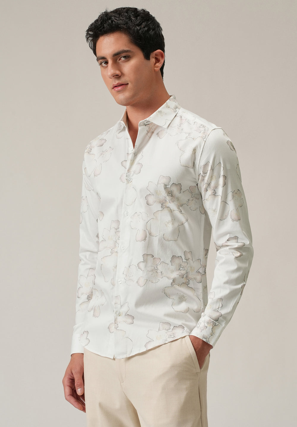 White Watercolour Flora Print Shirt