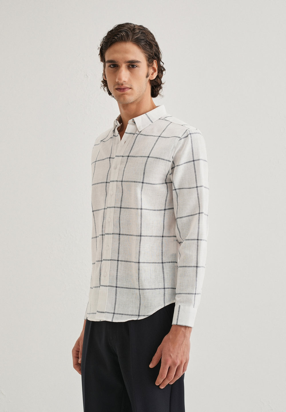 White Windowpane Check Blended Linen Shirt