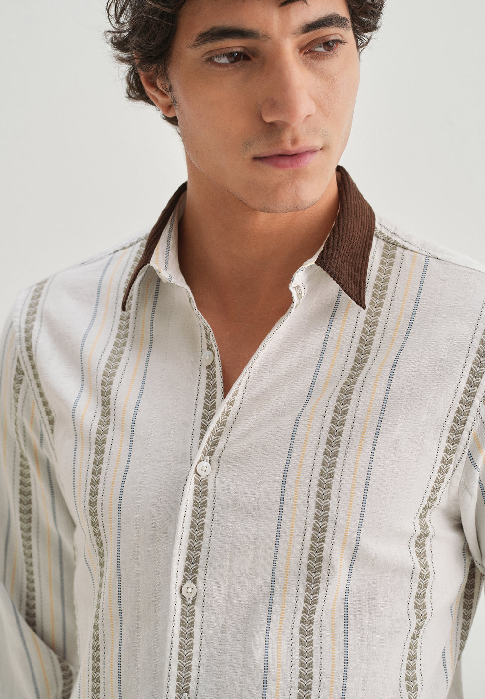 White Woven Striped Suede Collar Shirt