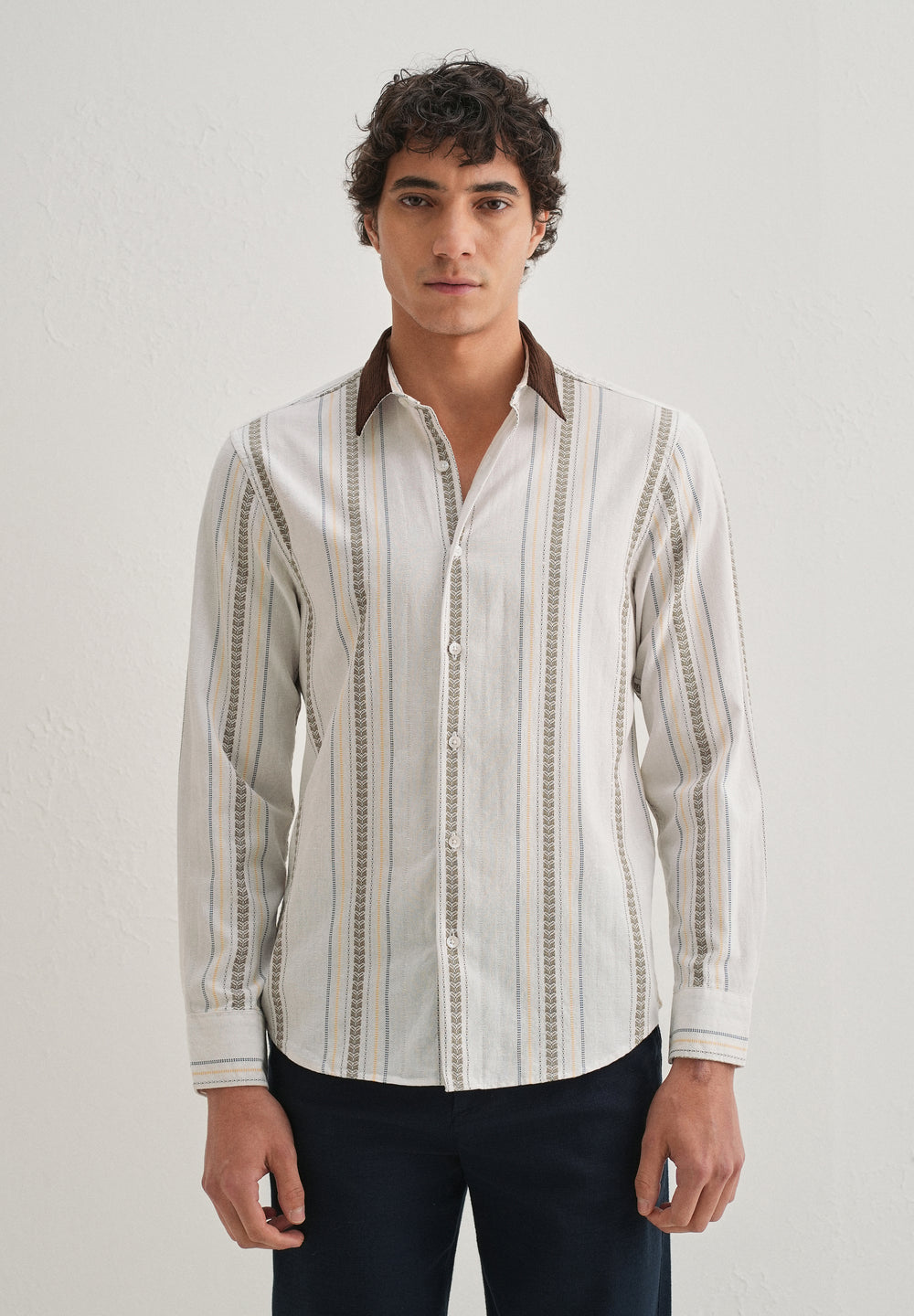 White Woven Striped Suede Collar Shirt