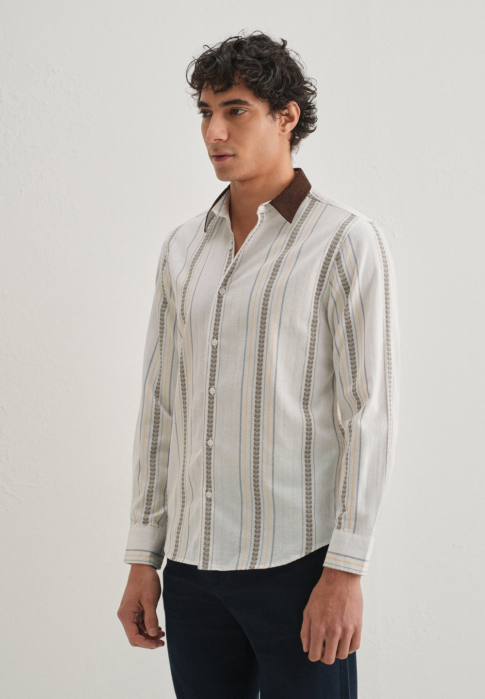 White Woven Striped Suede Collar Shirt