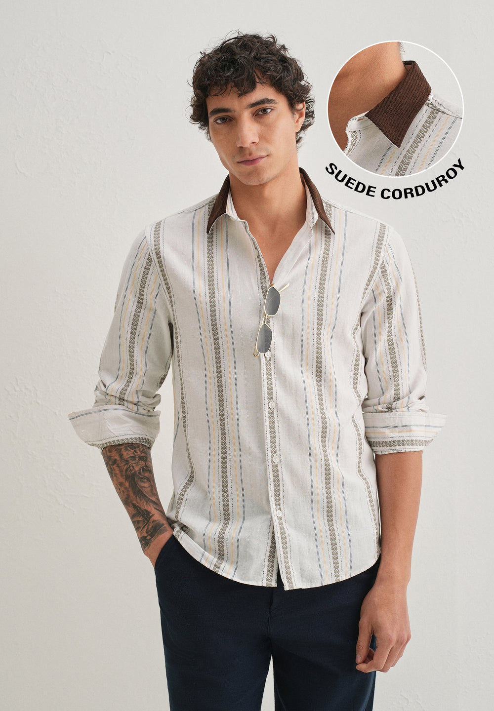 White Woven Striped Suede Collar Shirt