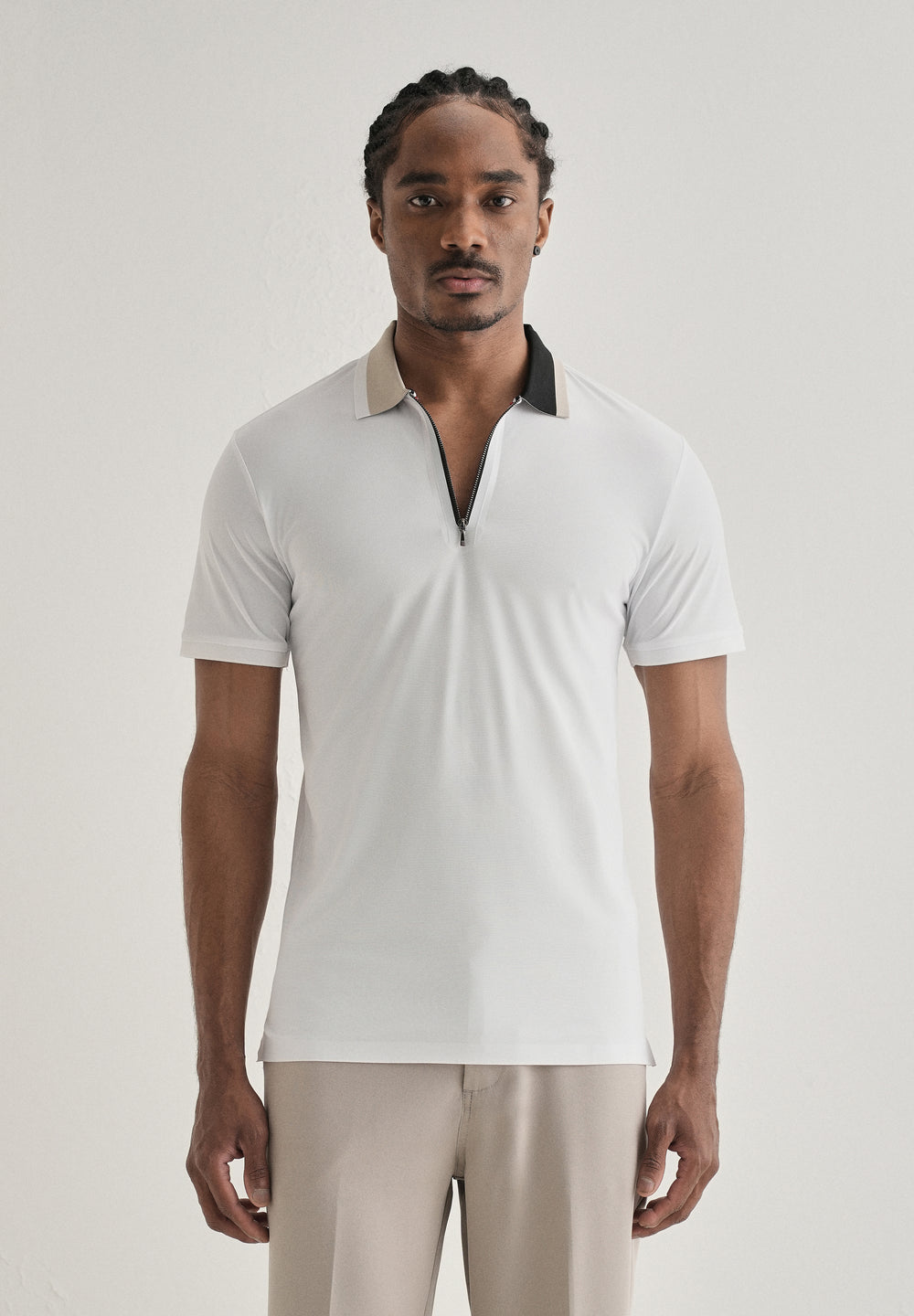 White Zipper Polo Collar Seamless T-shirt