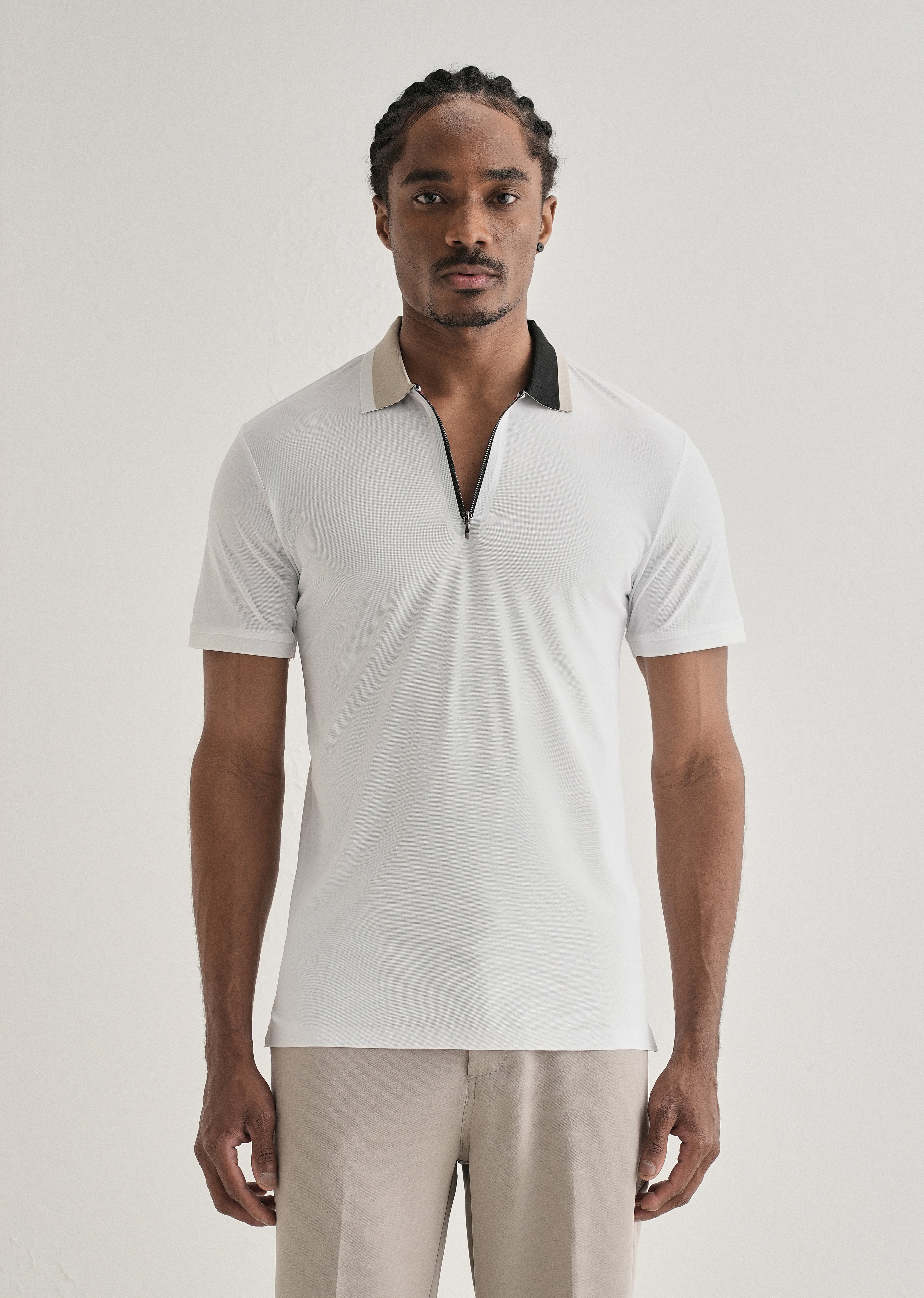 White Zipper Polo Collar Seamless T-shirt