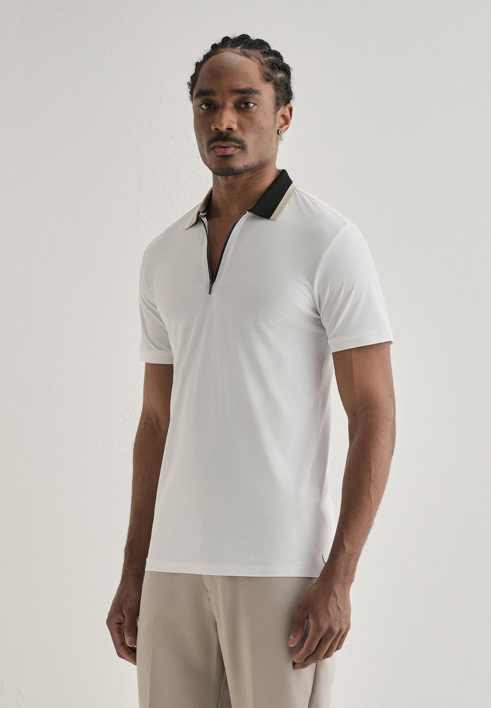 White Zipper Polo Collar Seamless T-shirt