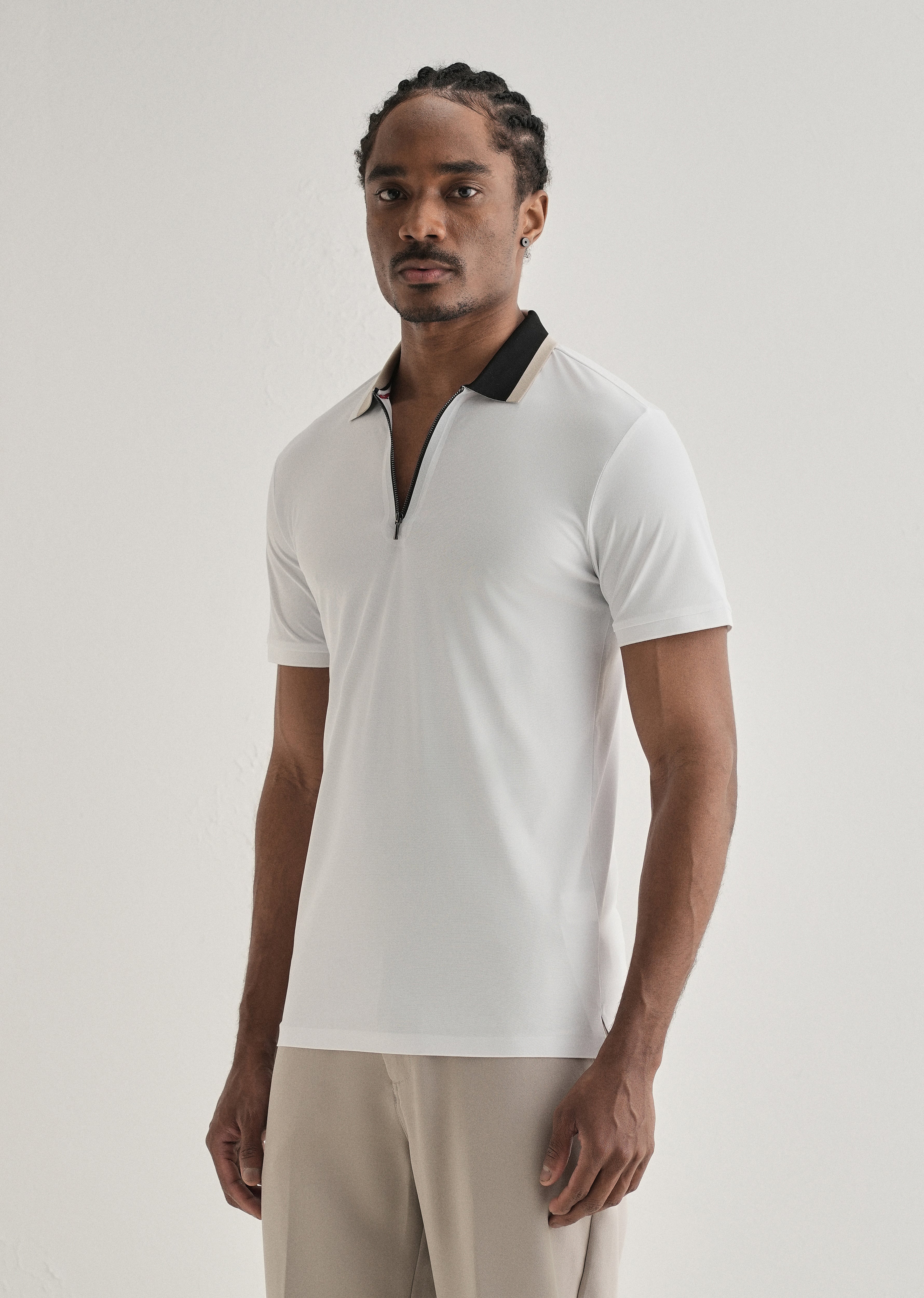 White Zipper Polo Collar Seamless T-shirt
