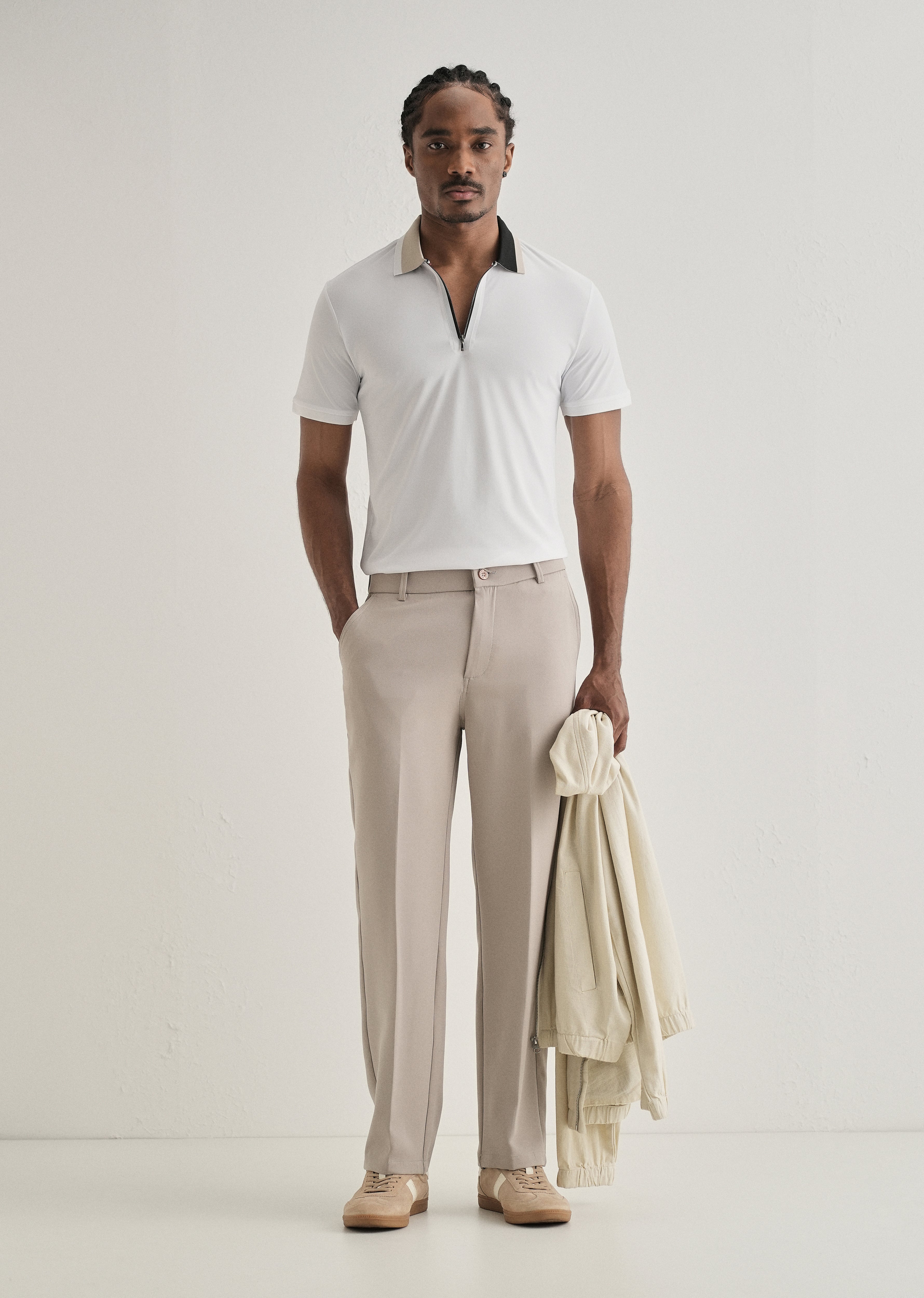 White Zipper Polo Collar Seamless T-shirt