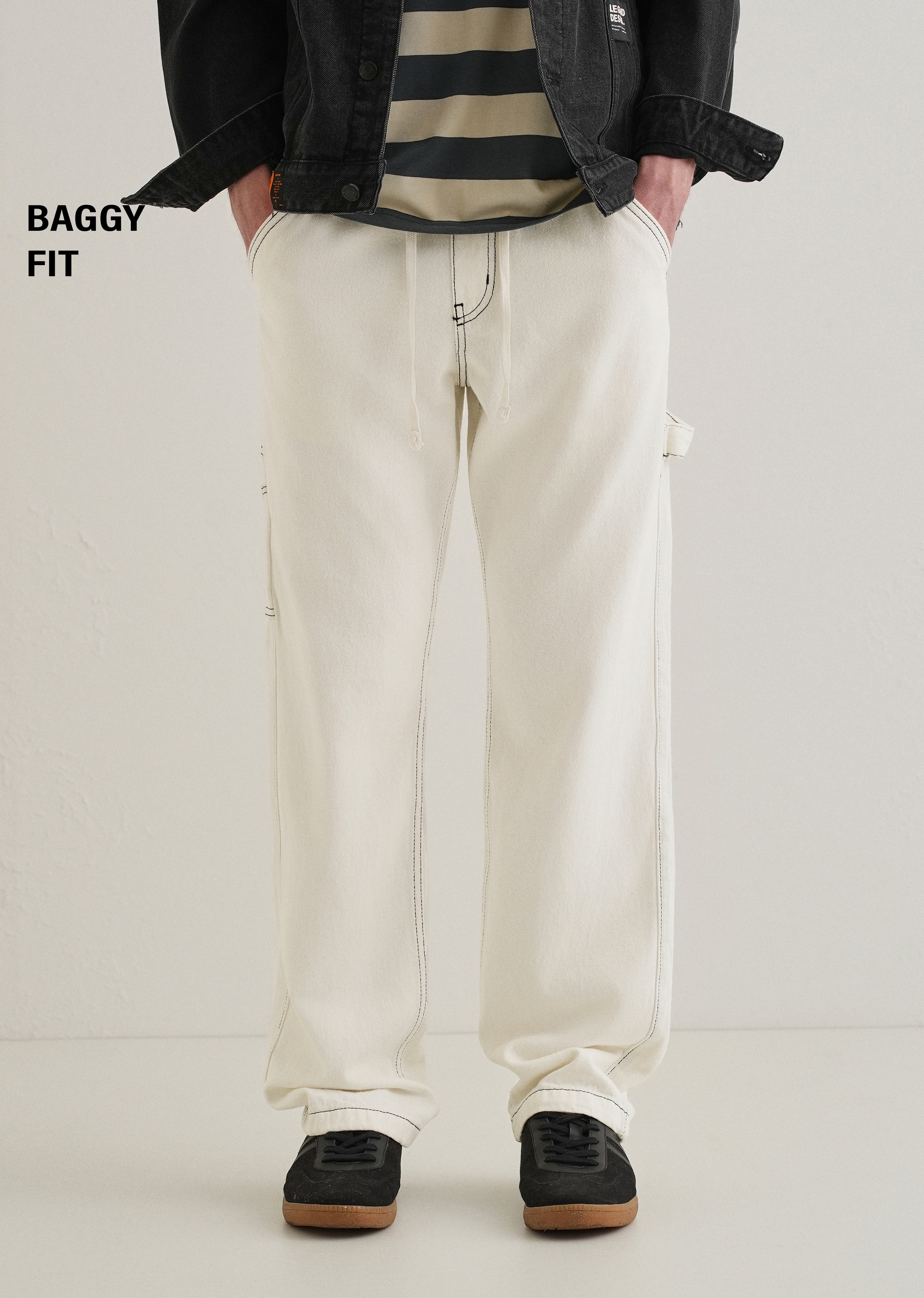 White Baggy Fit Carpenter Denim