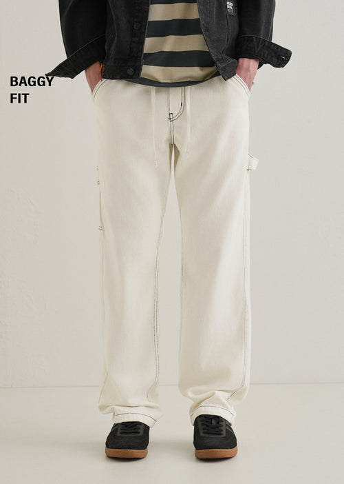 White Baggy Fit Carpenter Denim