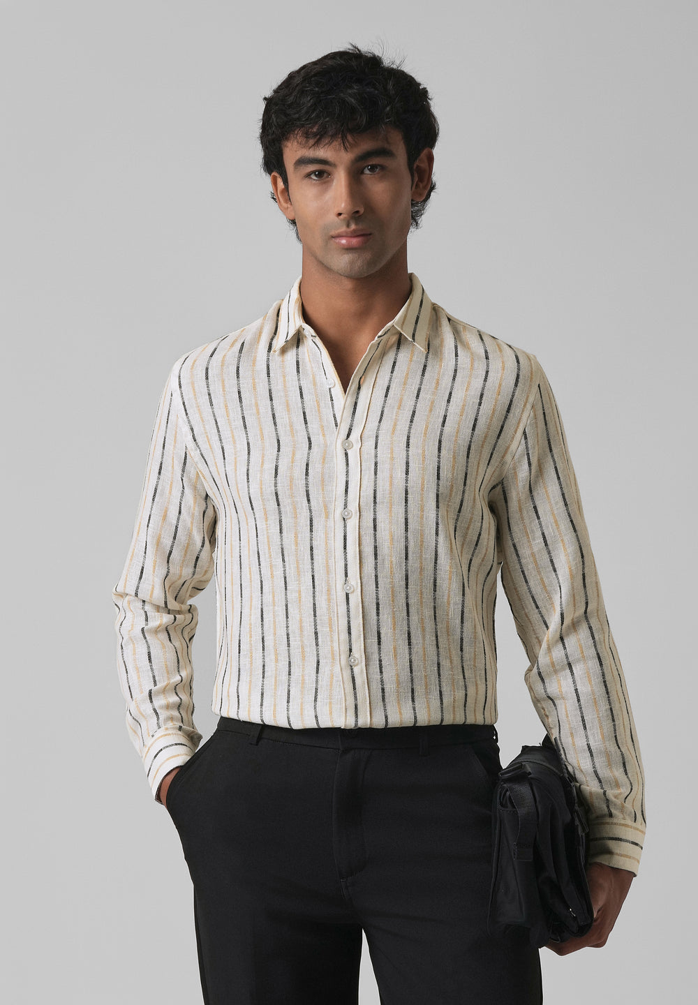White Beige Blended Cotton Striped Shirt