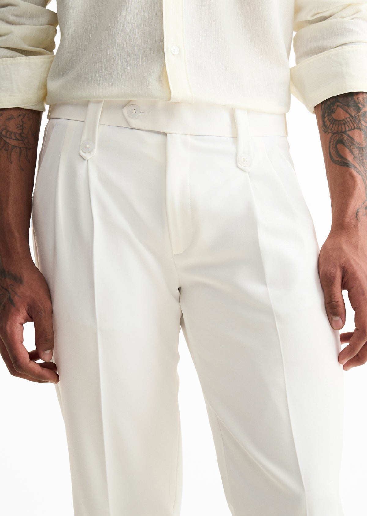 White Button-Tab Pleat Trouser