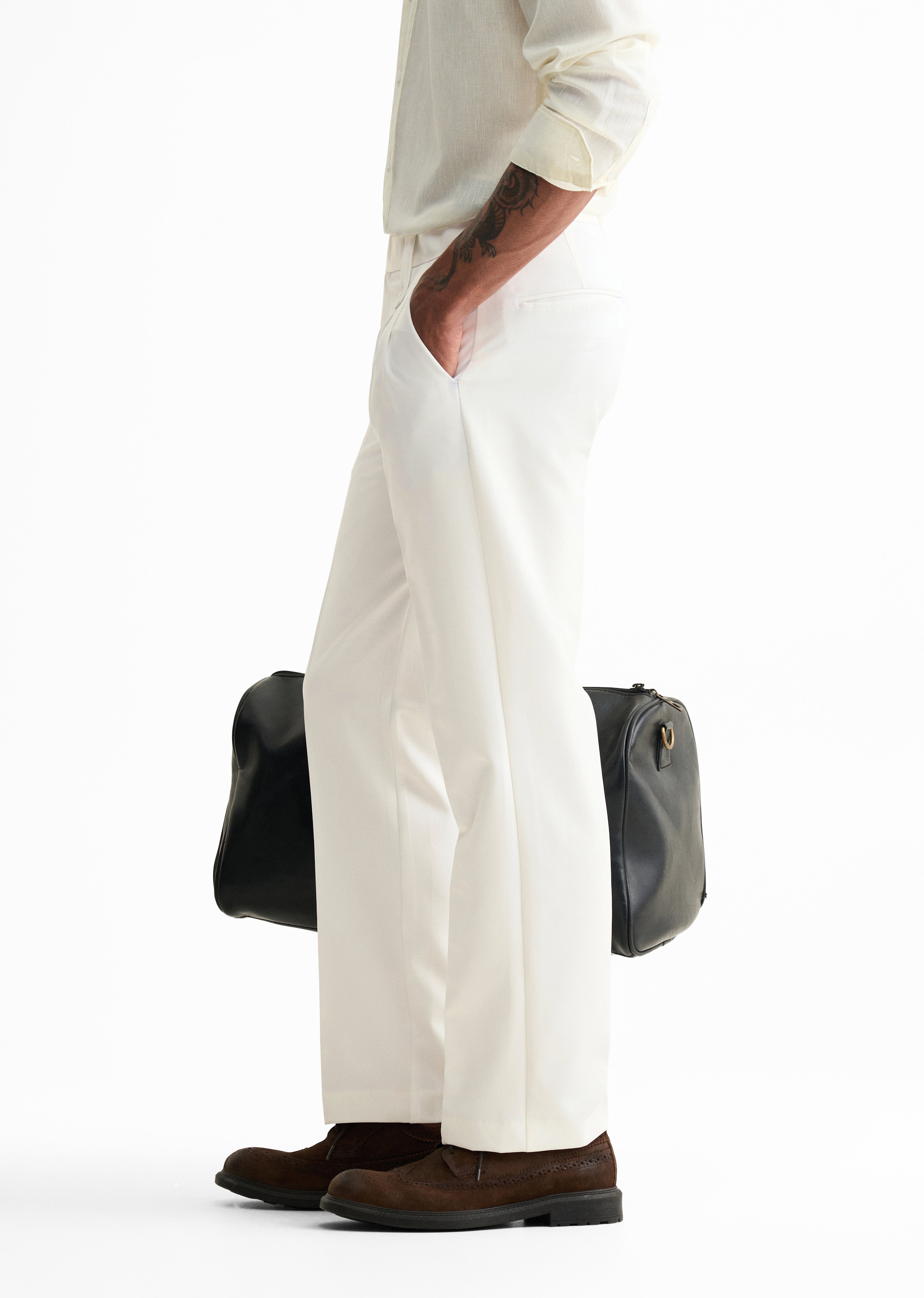 White Button-Tab Pleat Trouser