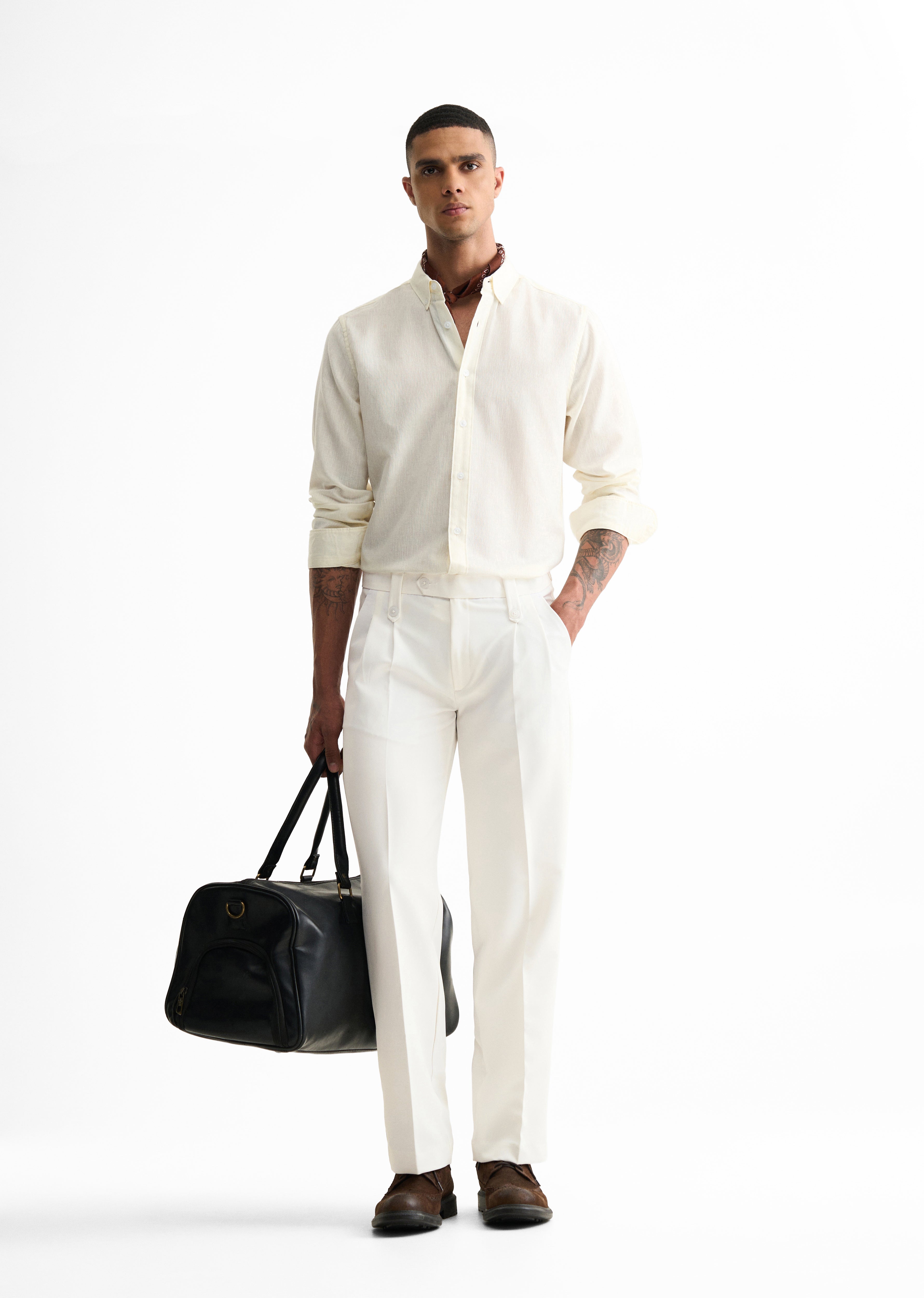 White Button-Tab Pleat Trouser