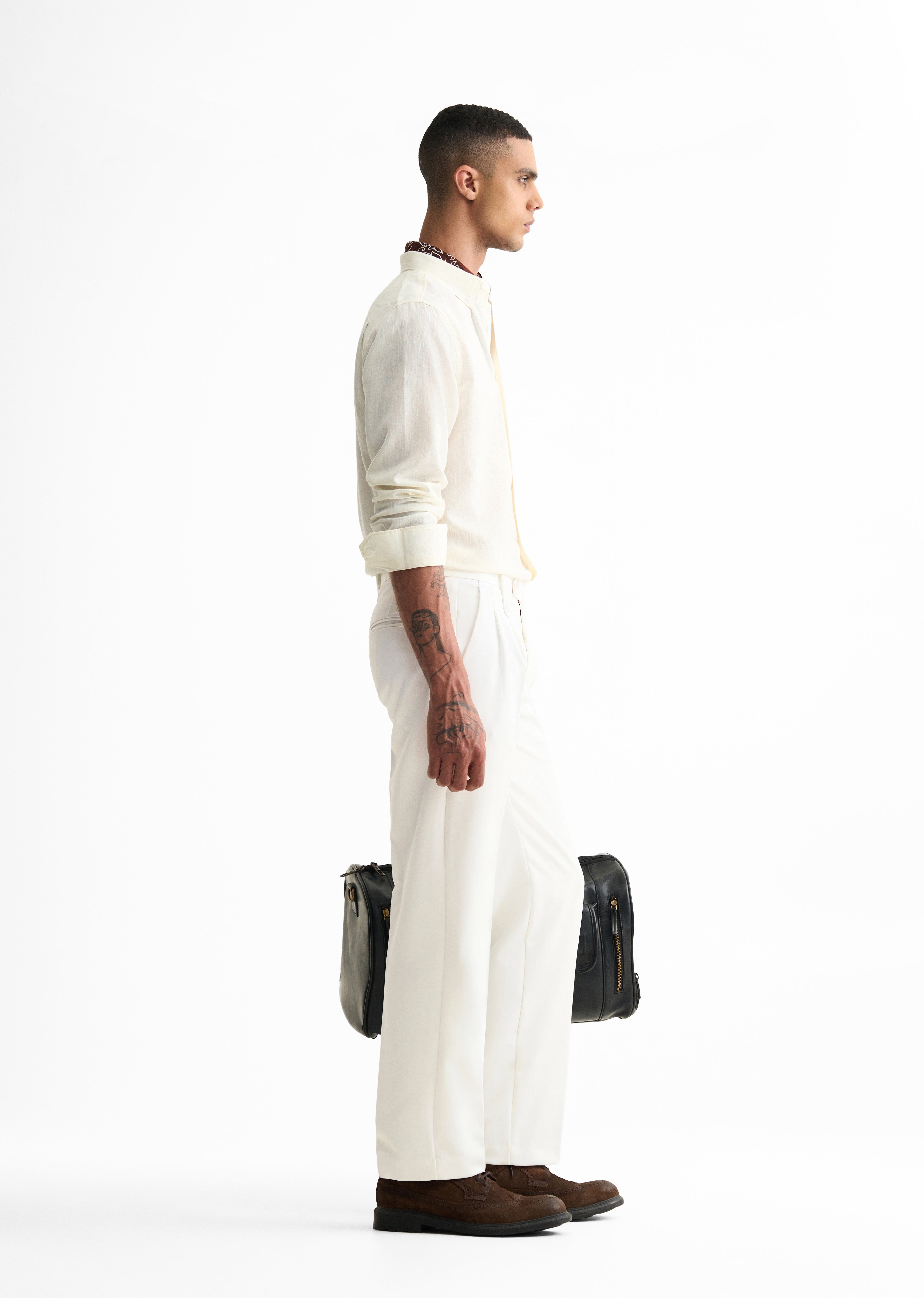 White Button-Tab Pleat Trouser