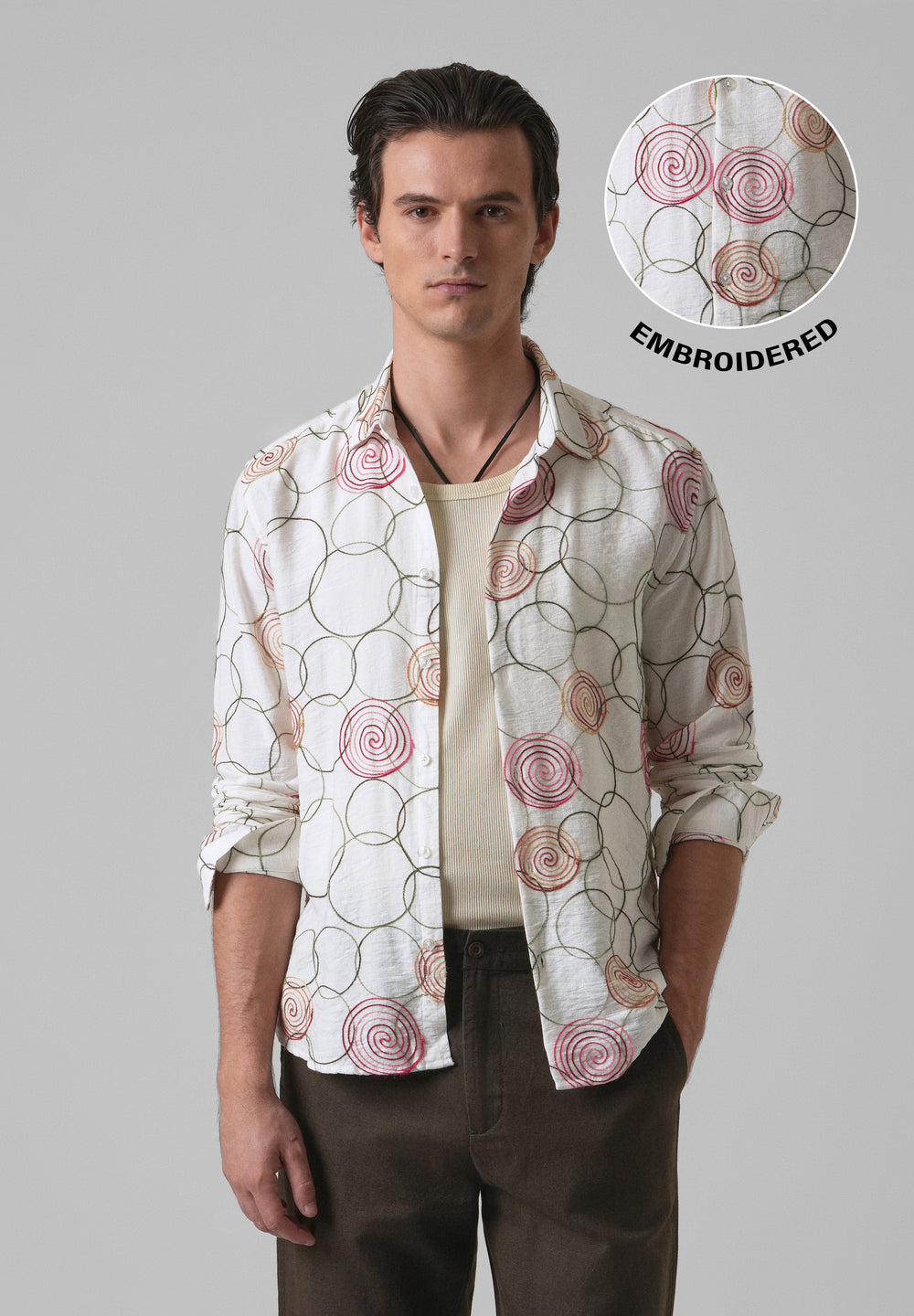 White Circular Embroidered Shirt