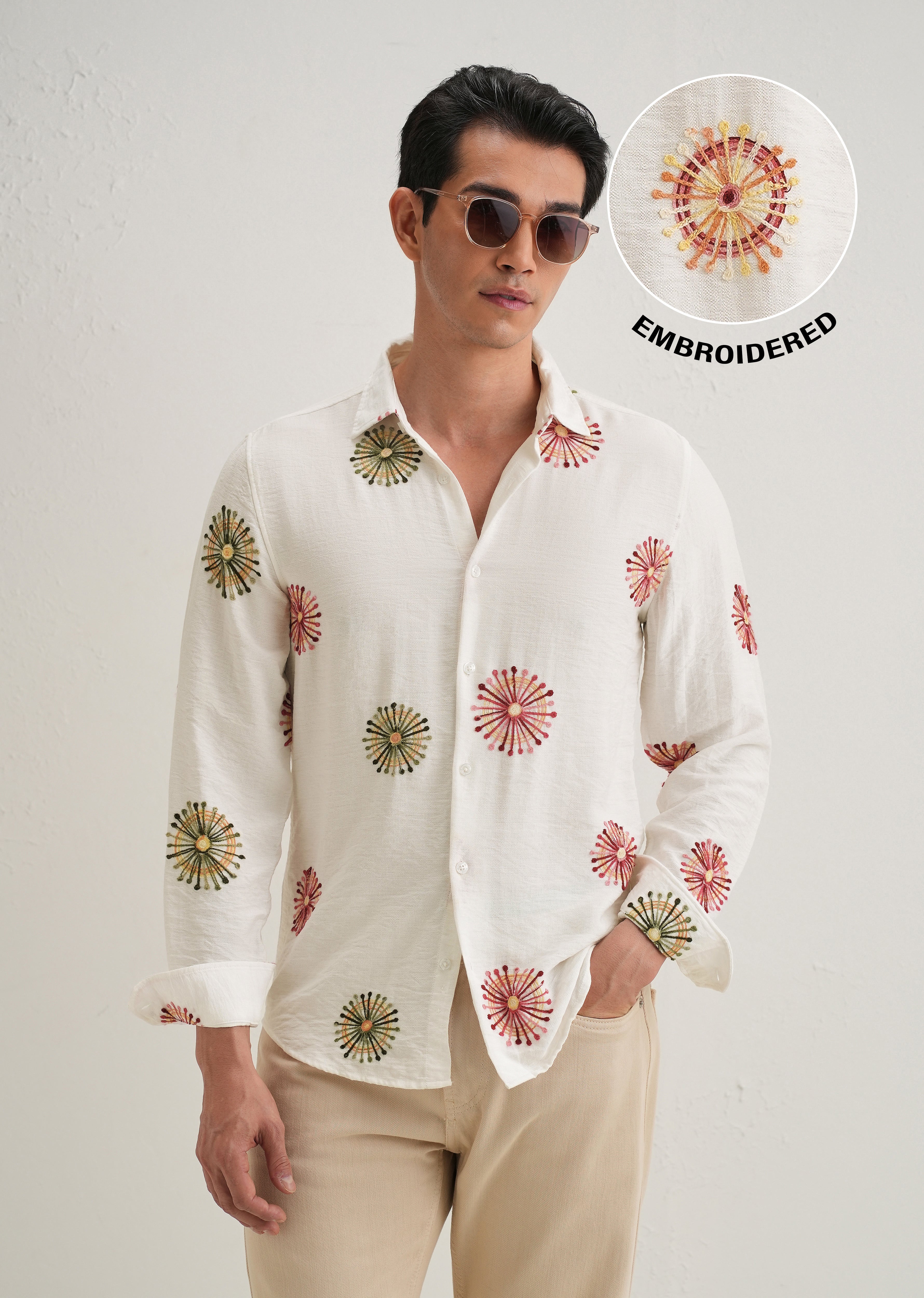 White Circular Embroidery Shirt
