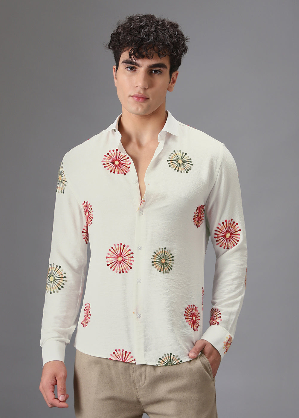 White Circular Embroidery Shirt