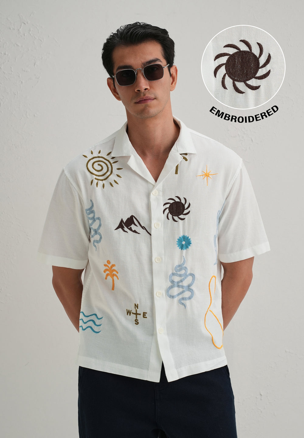 White Doodle Embroidery Cotton Linen Shirt