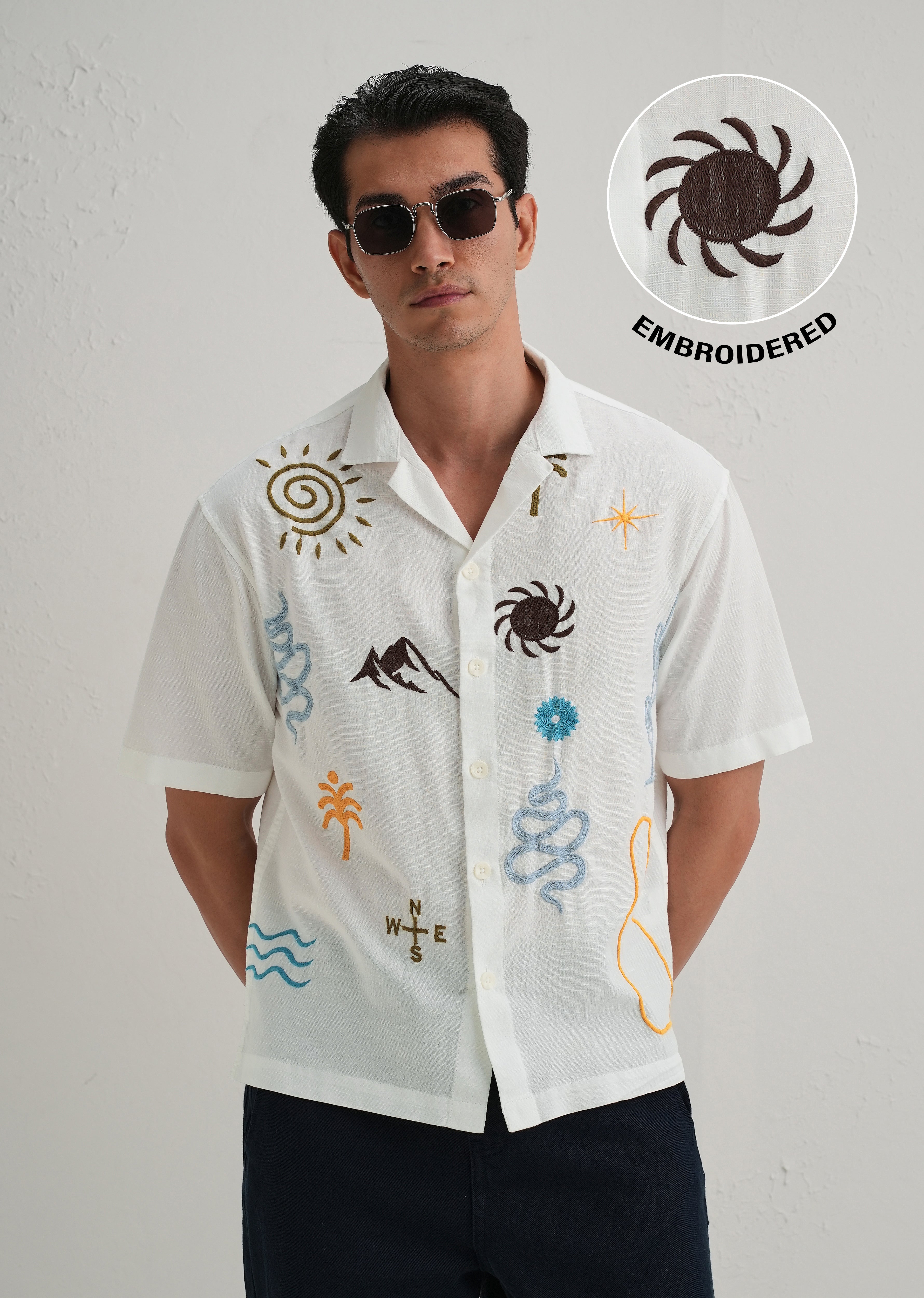 White Doodle Embroidery Cotton Linen Shirt