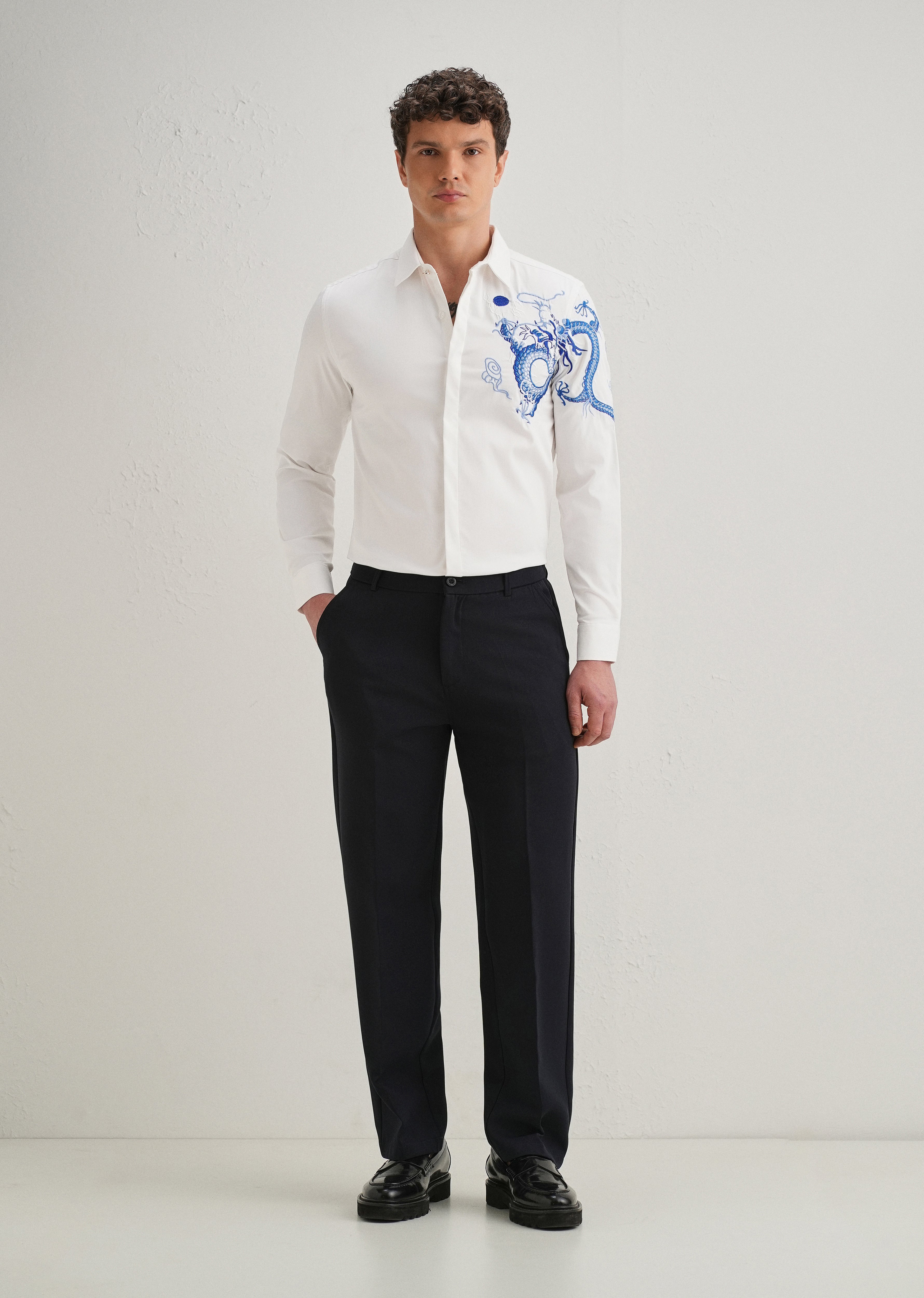 White Dragon Embroidery Shirt