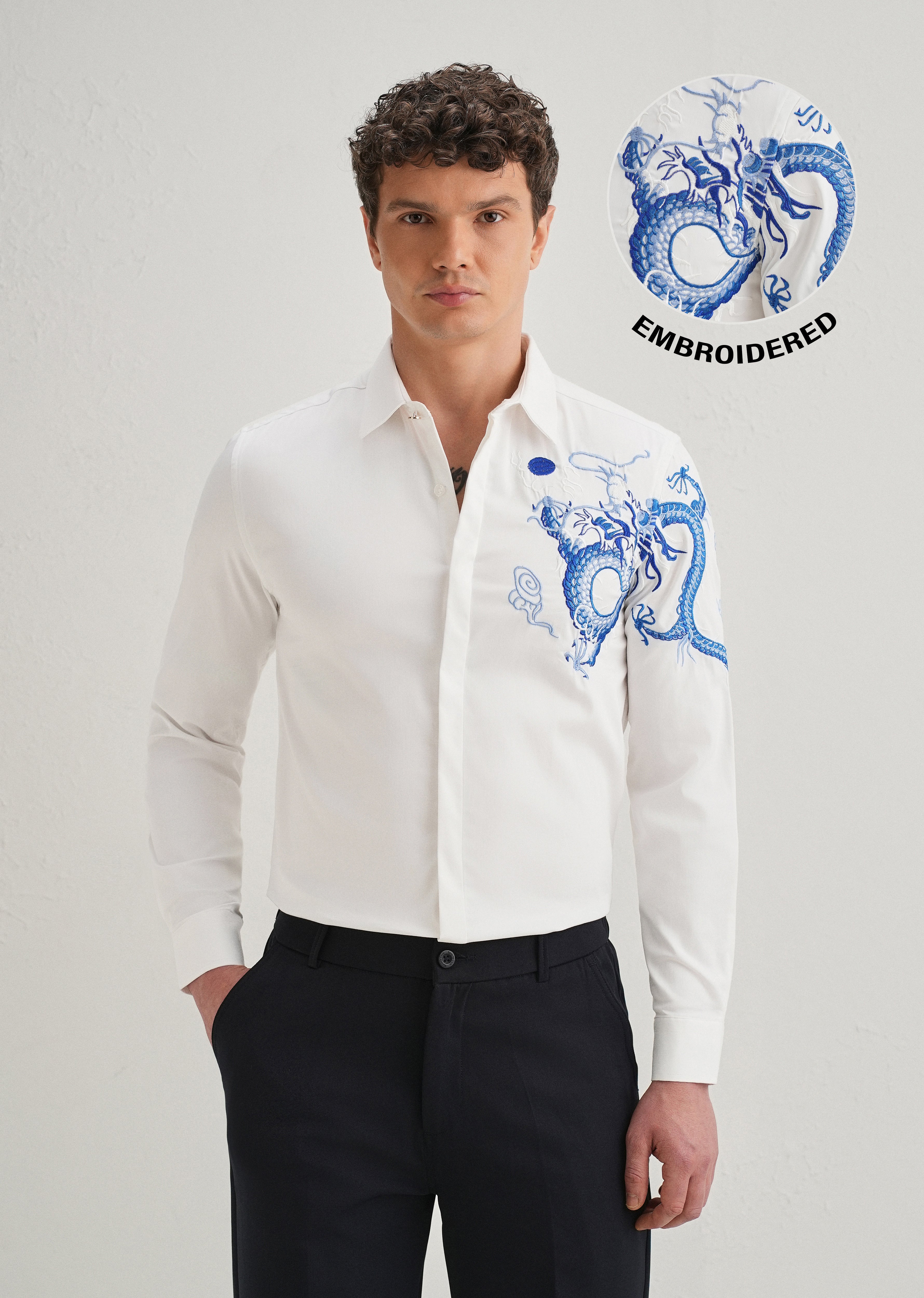 White Dragon Embroidery Shirt