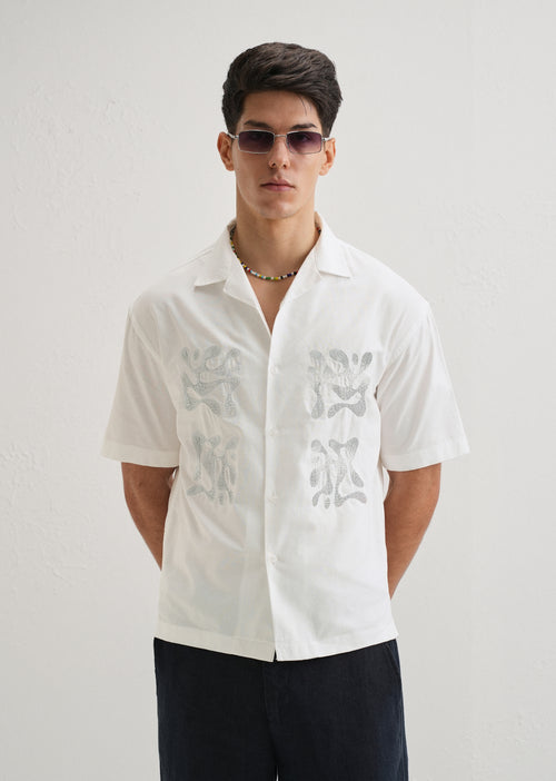 White Embroidery Cuban Collar Cotton Shirt