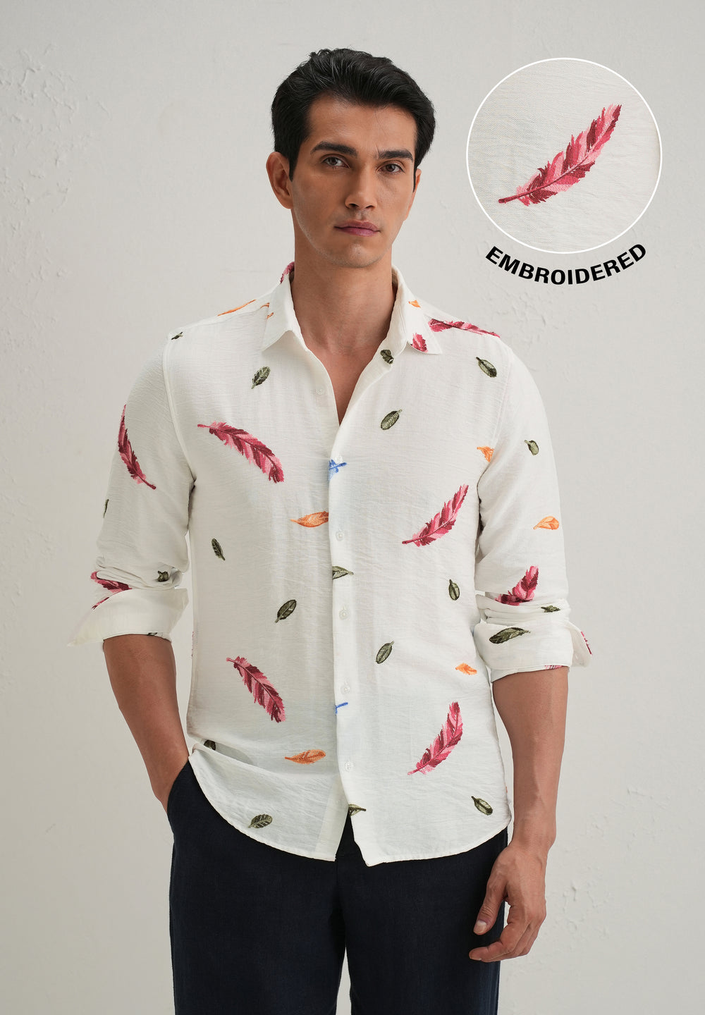White Feather Leaf Embroidery Shirt
