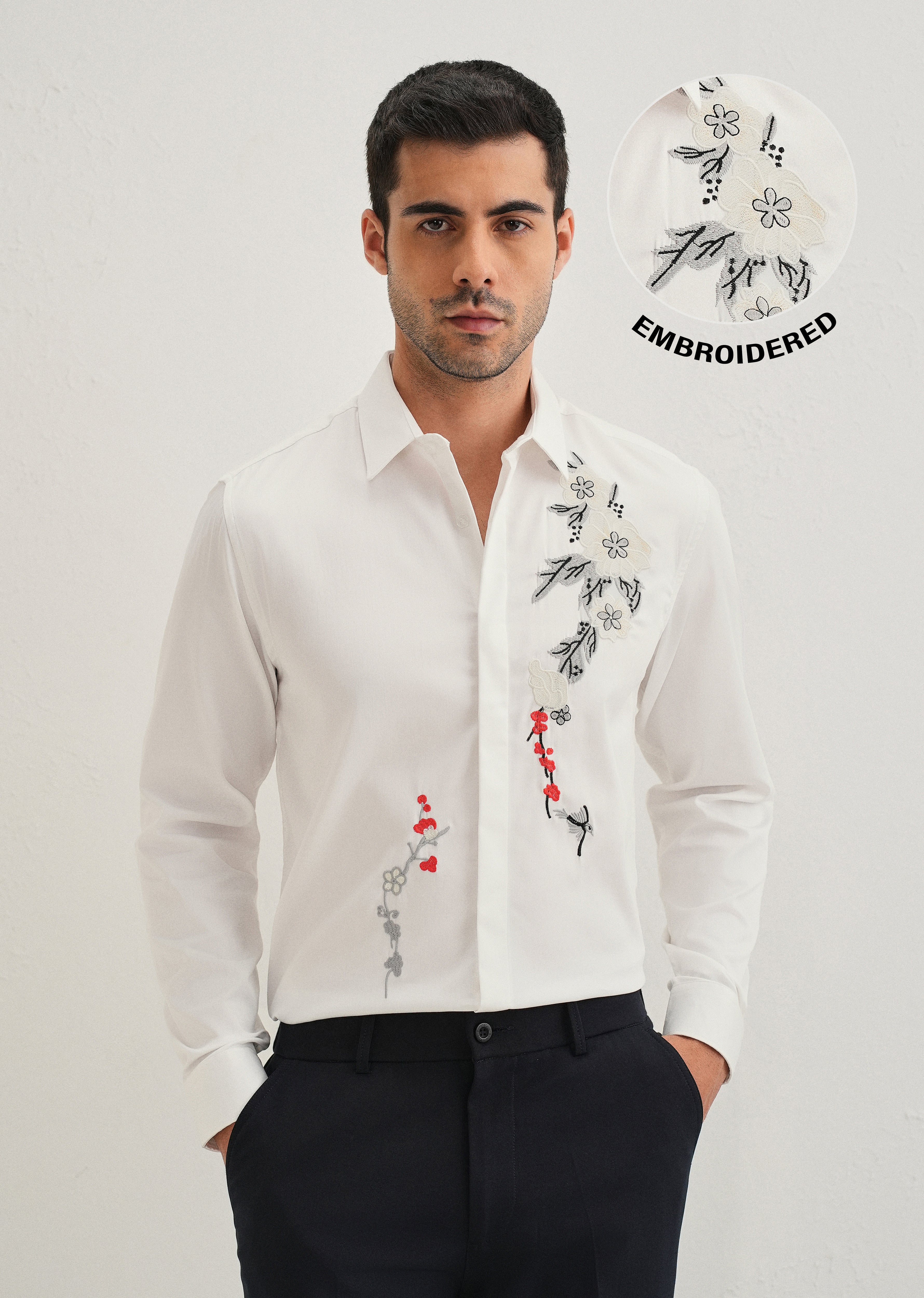 White Floral Embroidered Designer Shirt