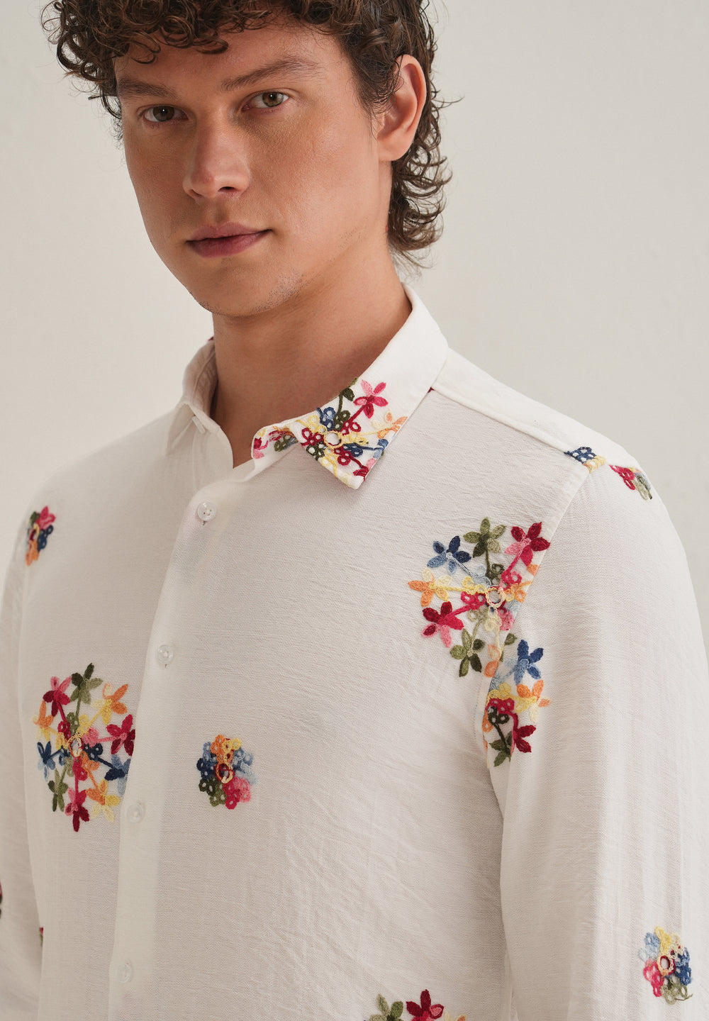 White Floral Embroidered Shirt