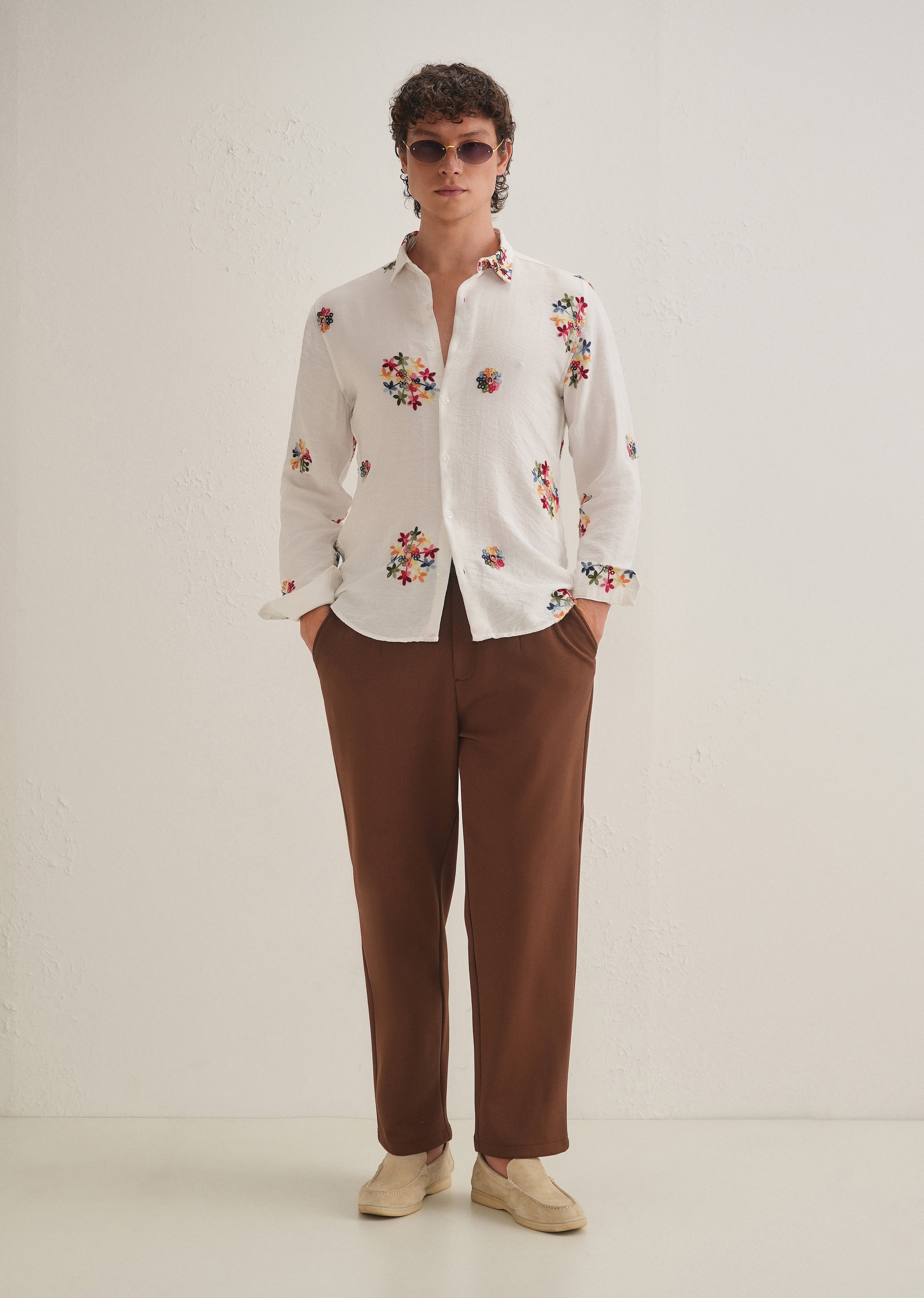 White Floral Embroidered Shirt