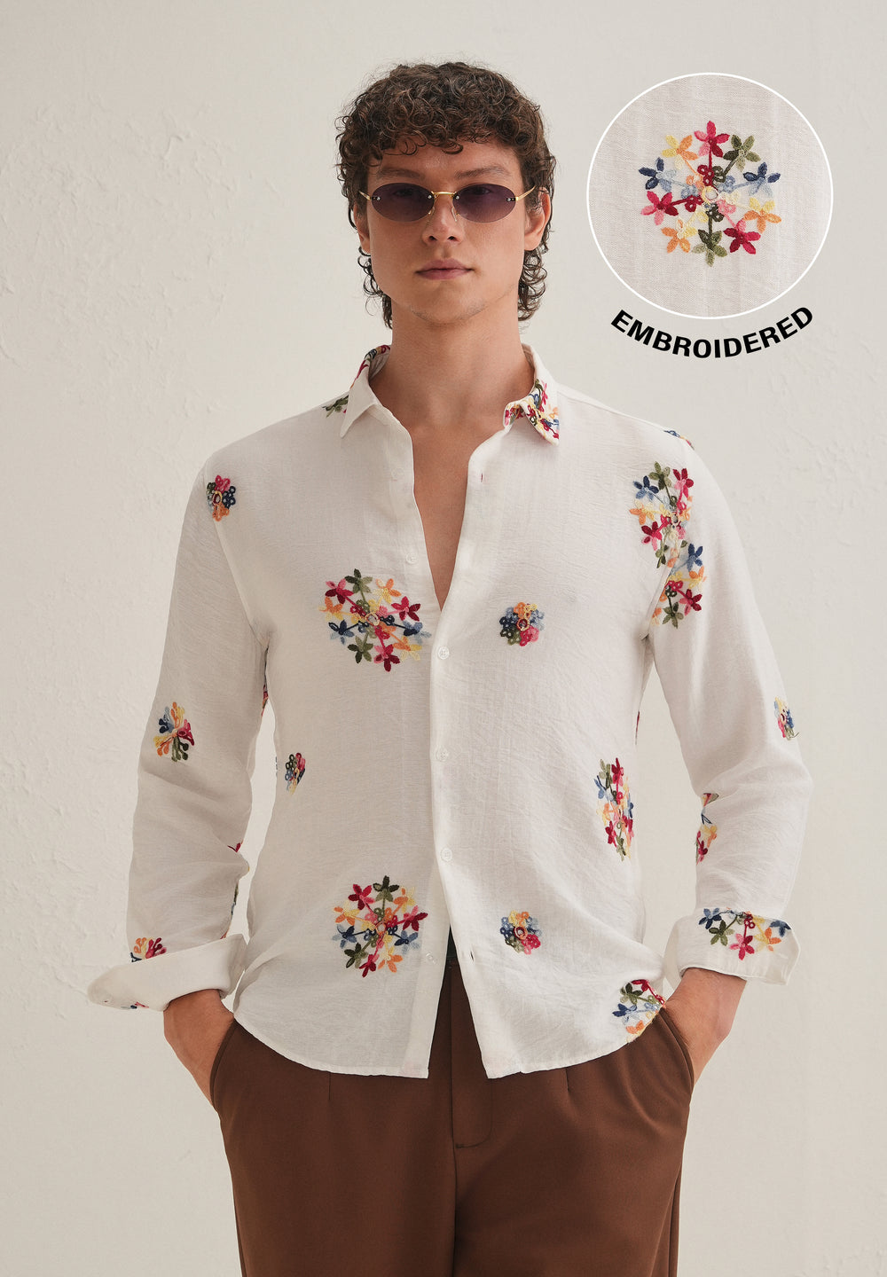 White Floral Embroidered Shirt
