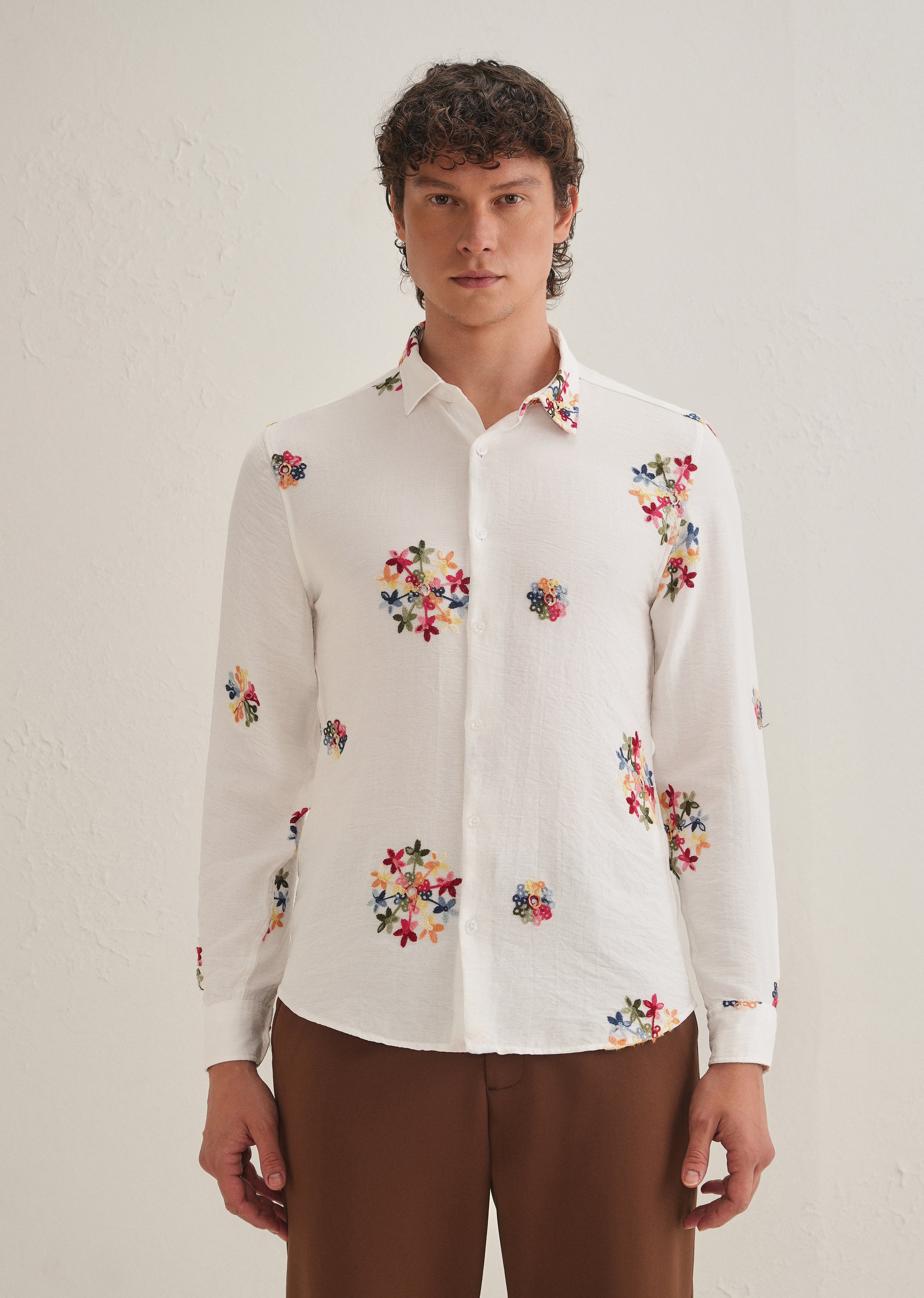 White Floral Embroidered Shirt