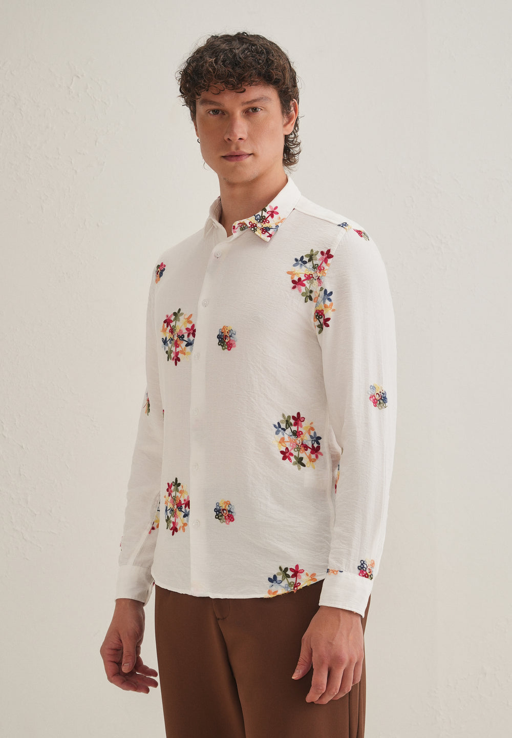 White Floral Embroidered Shirt