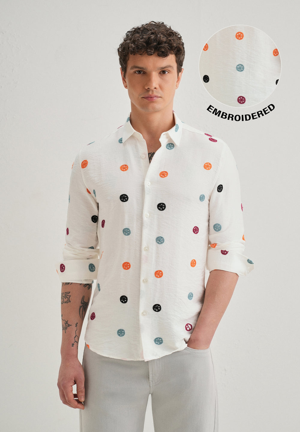 White Florescent Embroidered Shirt