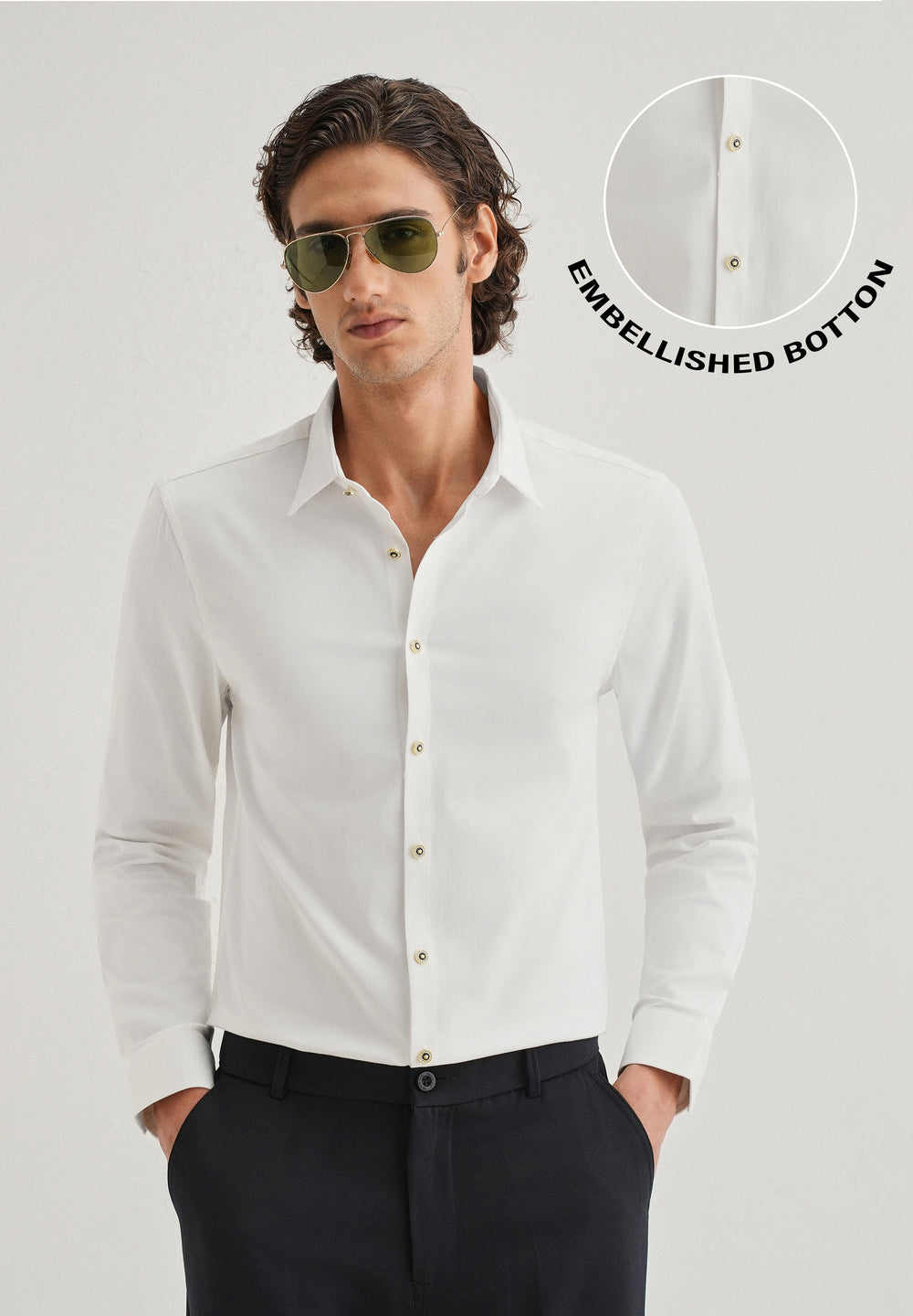 White Glossy Gold Embellished Button Shirt