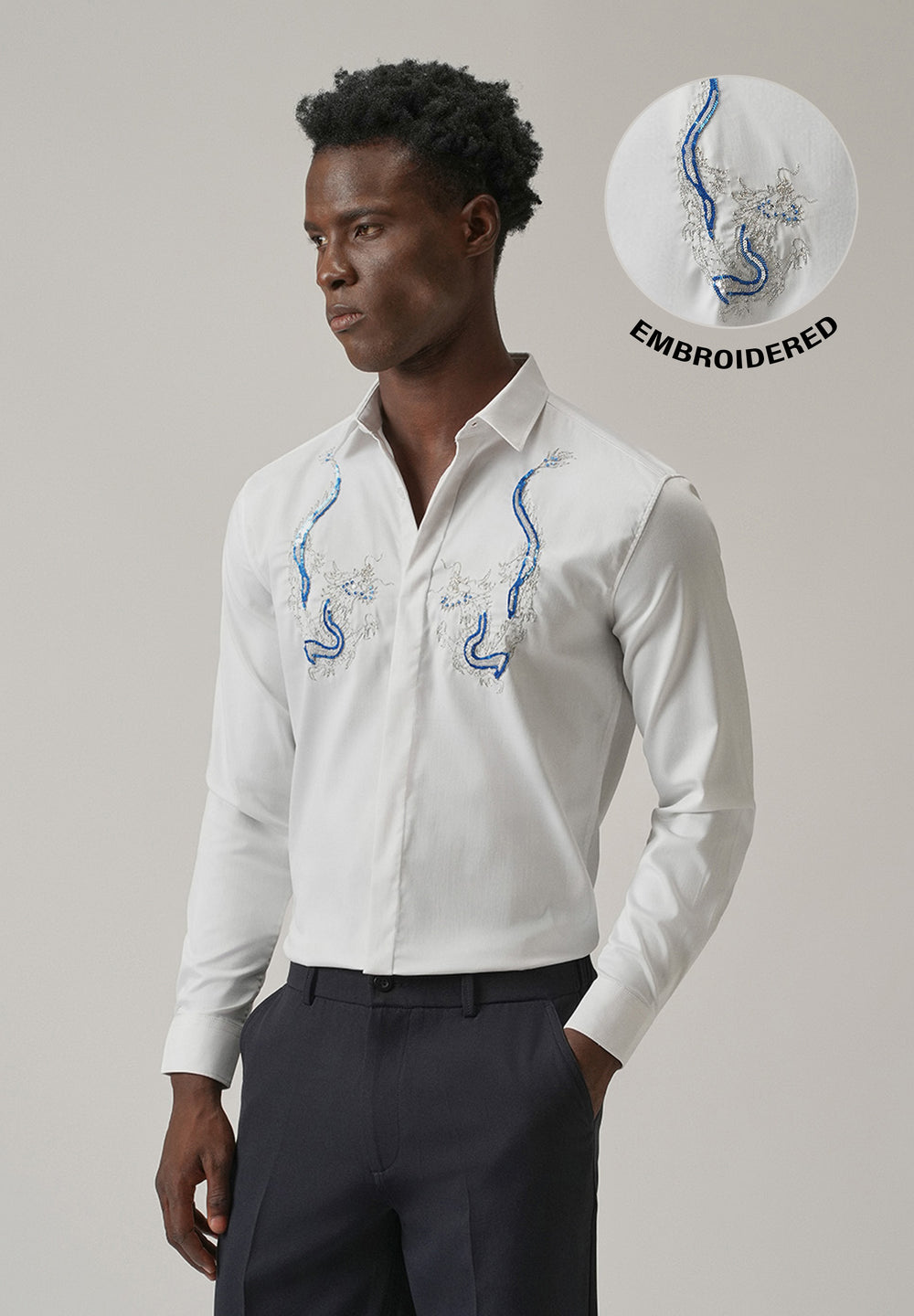 White Handcrafted Dragon Designer Shirt