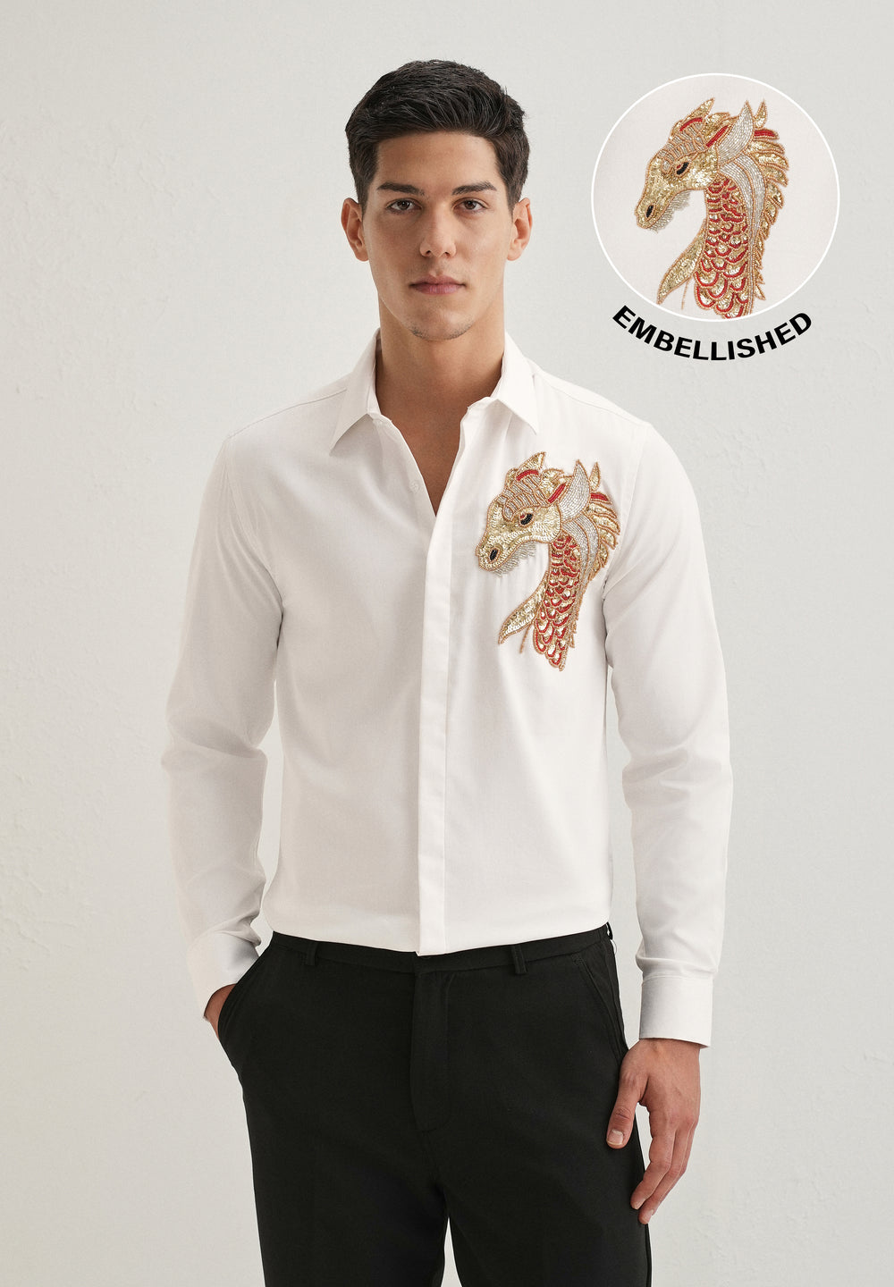 White Embellished Dragon Designer Shirt
