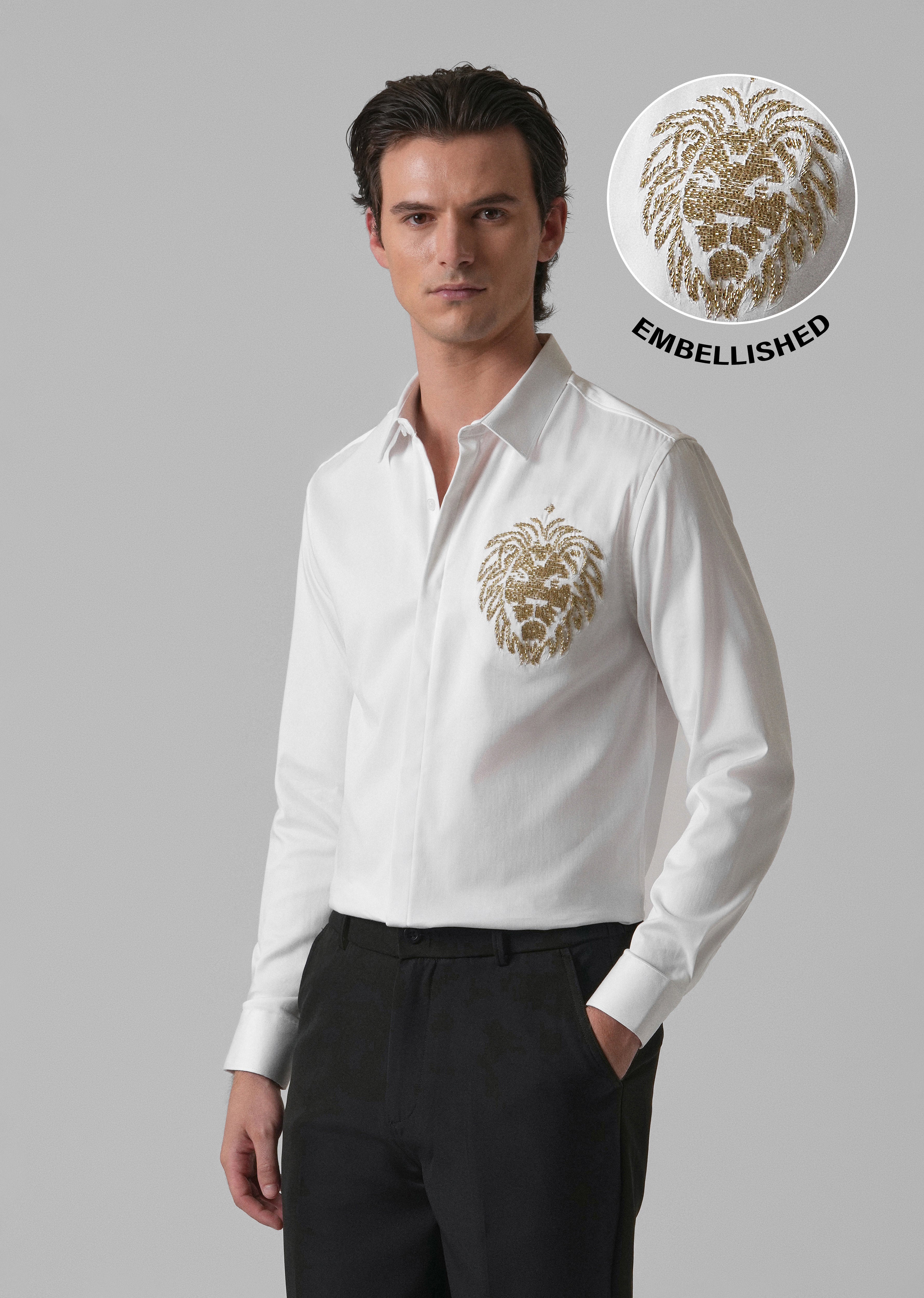 White Handcrafted Lion Embroidery Designer Shirt